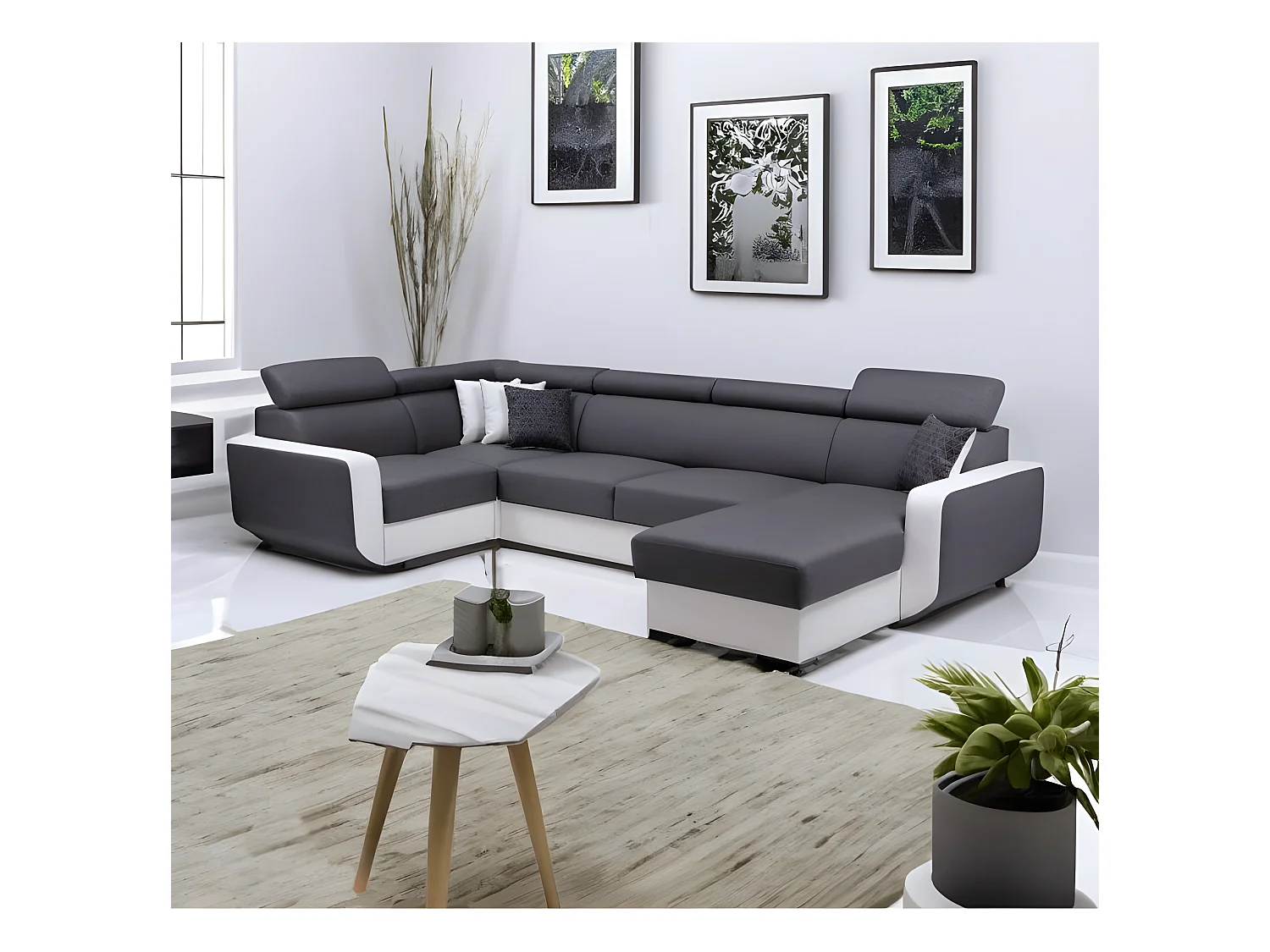 Canapé panoramique convertible EMPERO U blanc et gris en tissu et simili