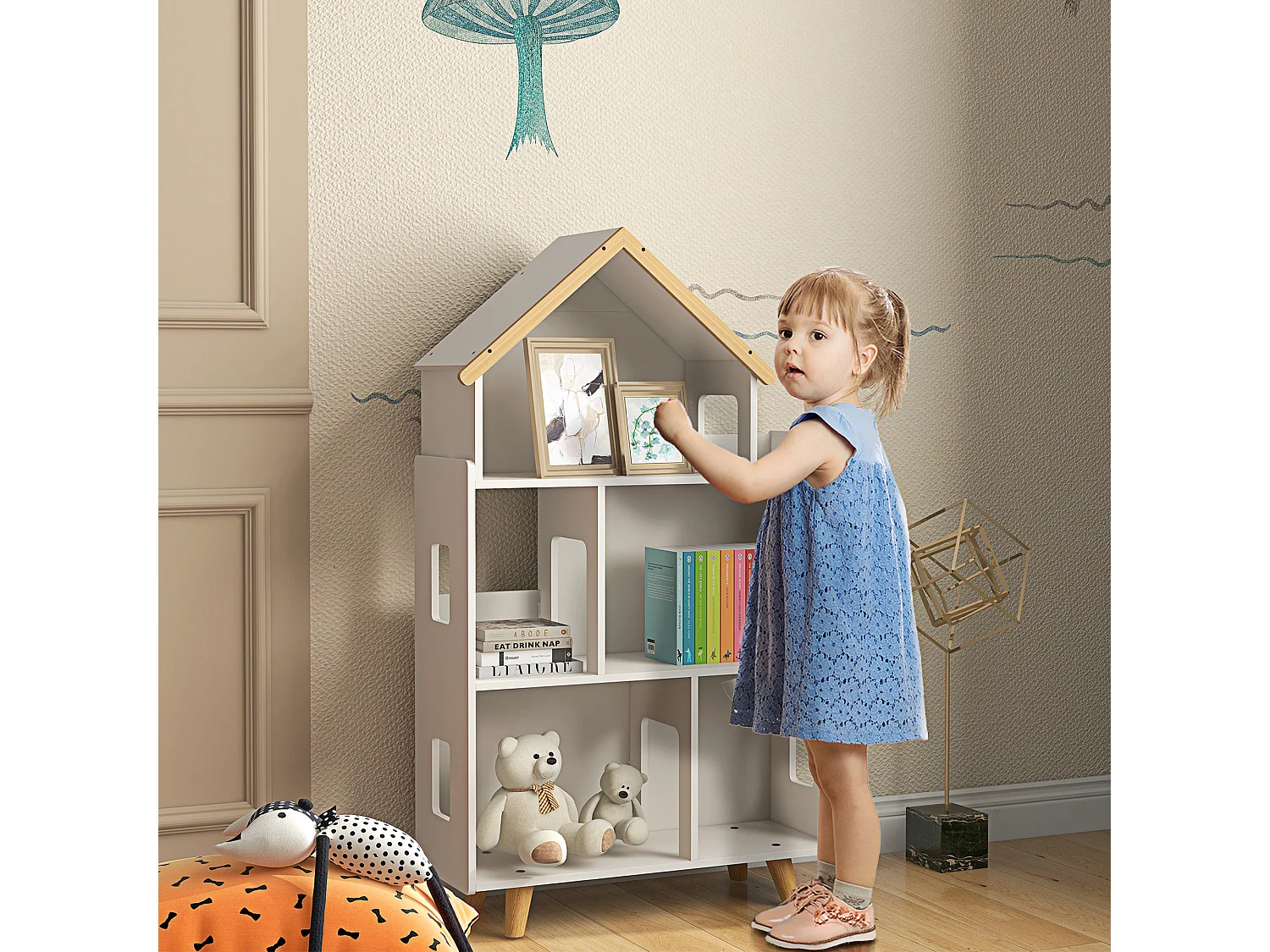 Bibliothèque étagère scandinave design maison 5 niches étagère pieds effilés bois pin MDF blanc