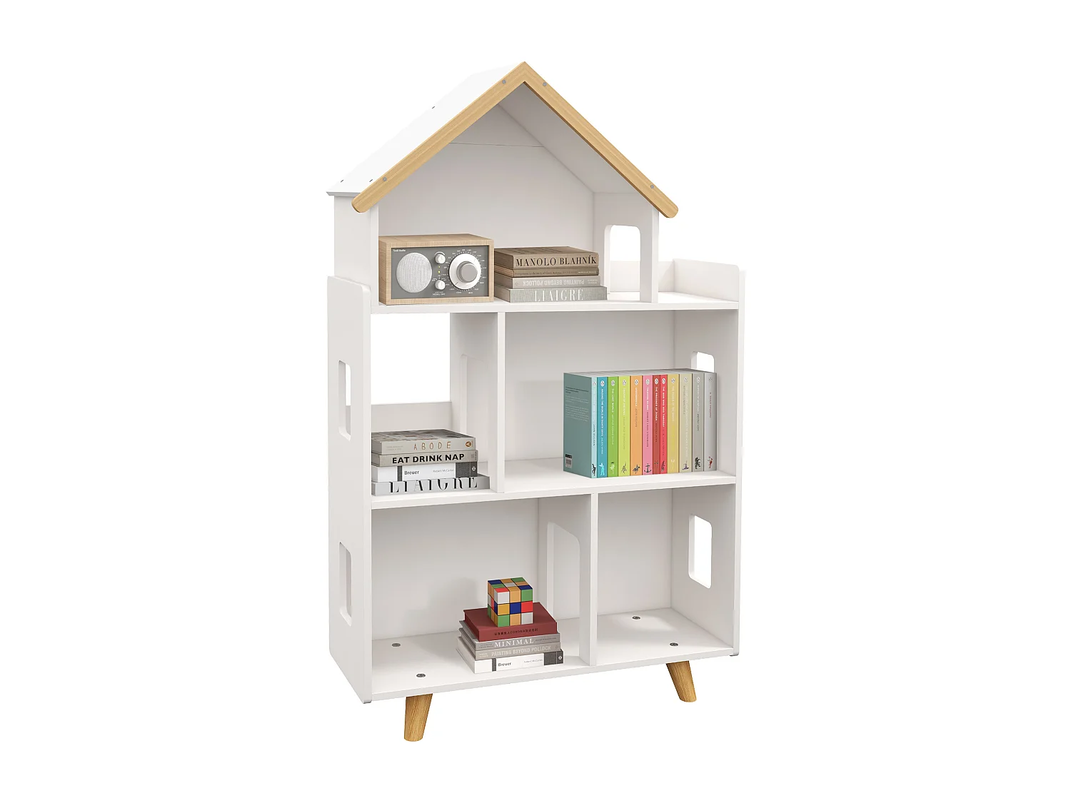 Bibliothèque étagère scandinave design maison 5 niches étagère pieds effilés bois pin MDF blanc