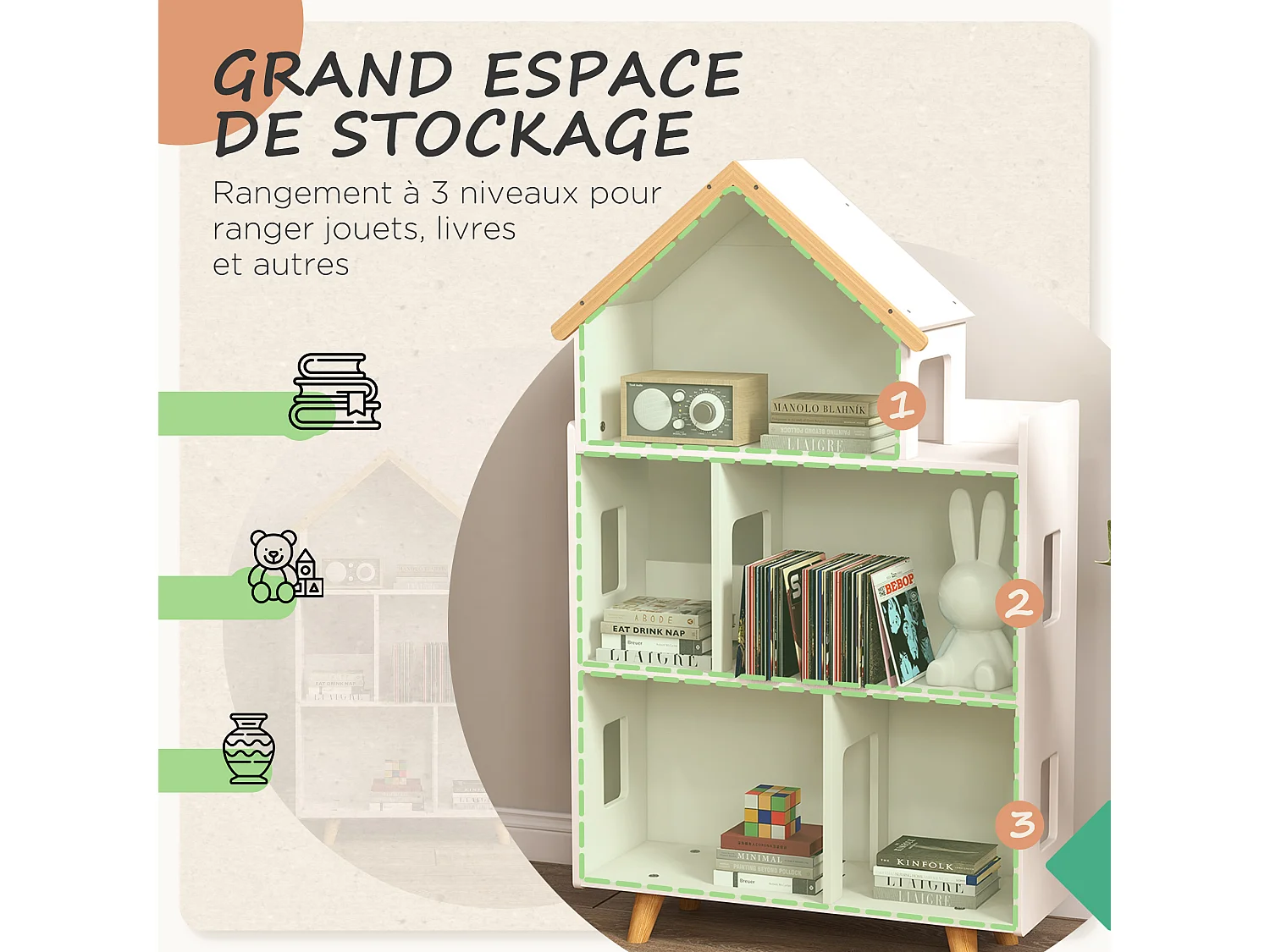 Bibliothèque étagère scandinave design maison 5 niches étagère pieds effilés bois pin MDF blanc
