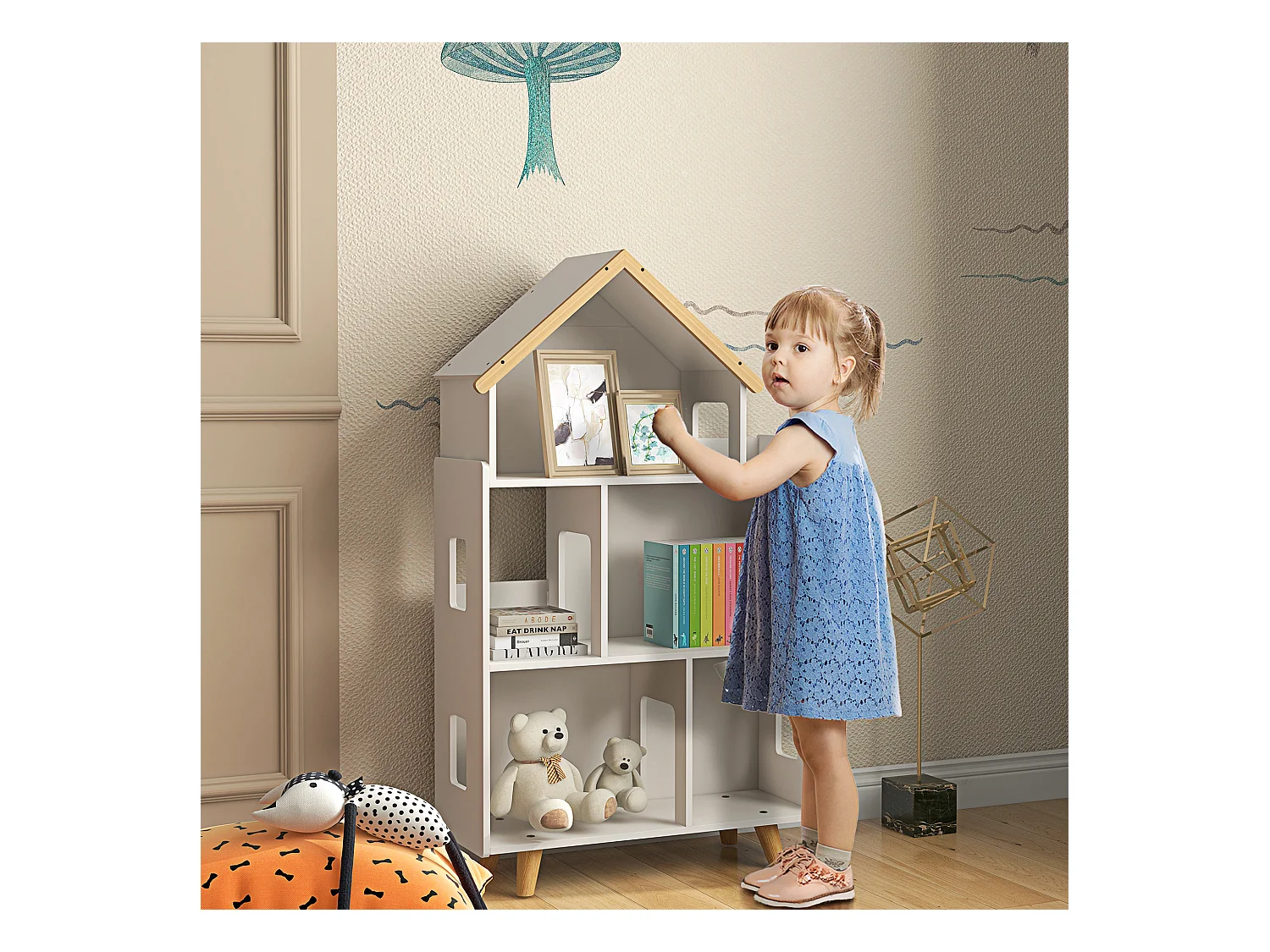 Bibliothèque étagère scandinave design maison 5 niches étagère pieds effilés bois pin MDF blanc