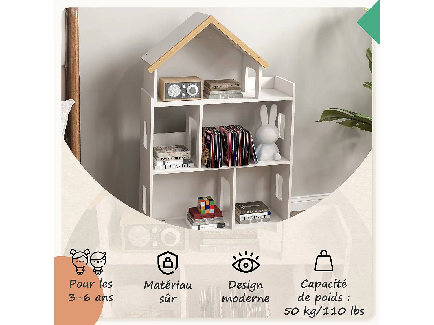 Bibliothèque étagère scandinave design maison 5 niches étagère pieds effilés bois pin MDF blanc