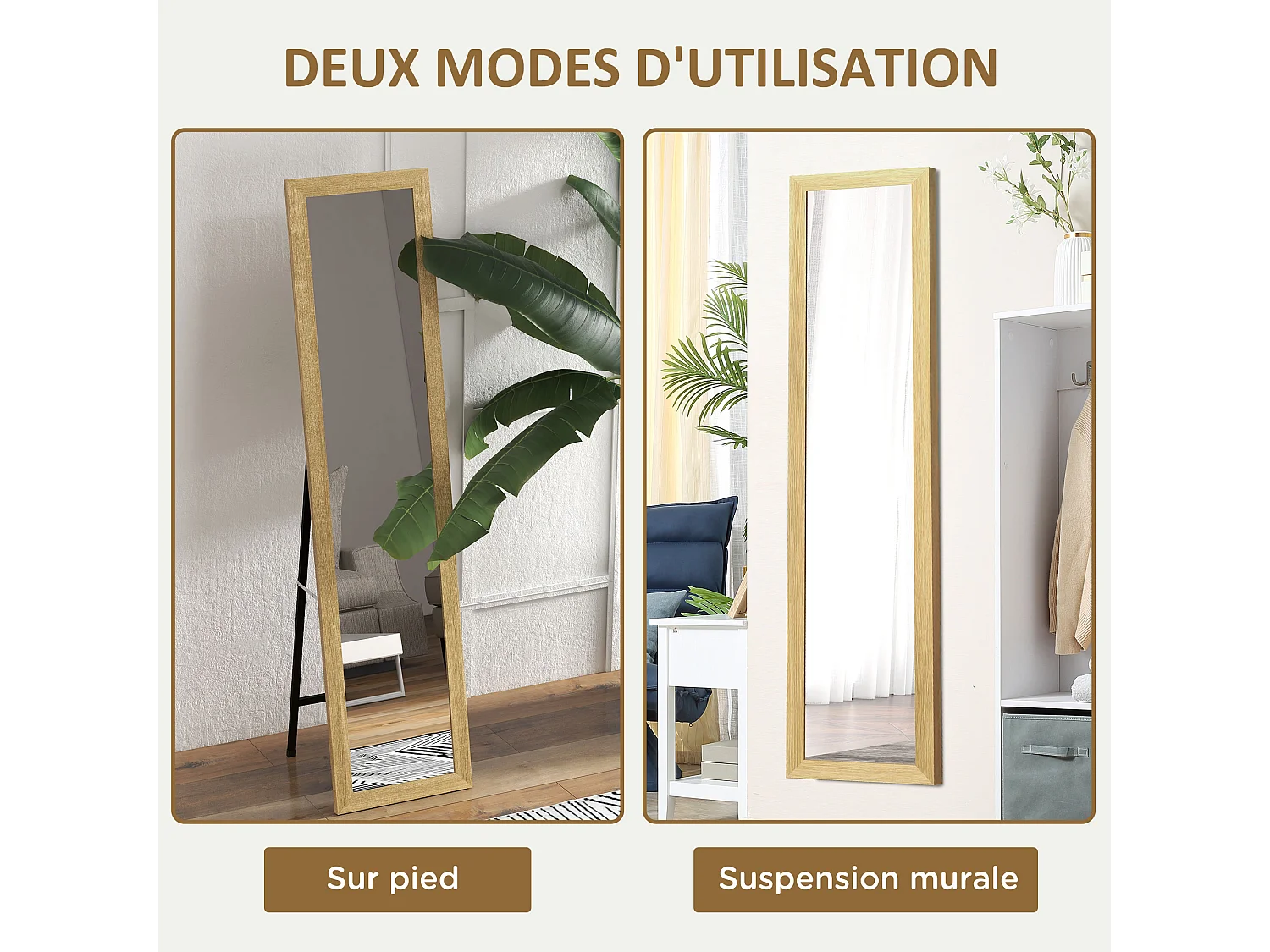 Miroir sur pied et mural rectangulaire dim. 37L x 40l x 157H cm piètement métal noir aspect chêne clair