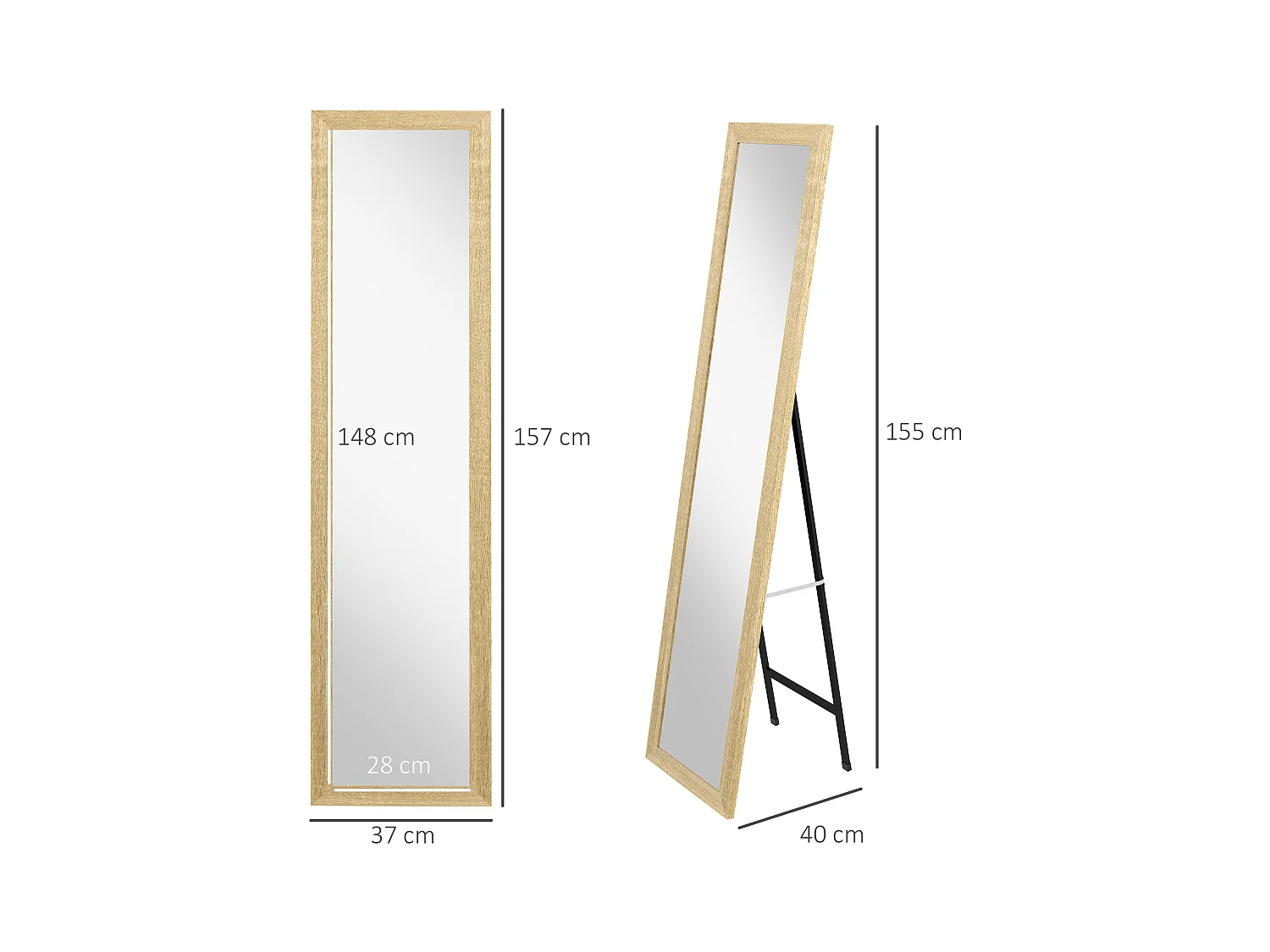 Miroir sur pied et mural rectangulaire dim. 37L x 40l x 157H cm piètement métal noir aspect chêne clair