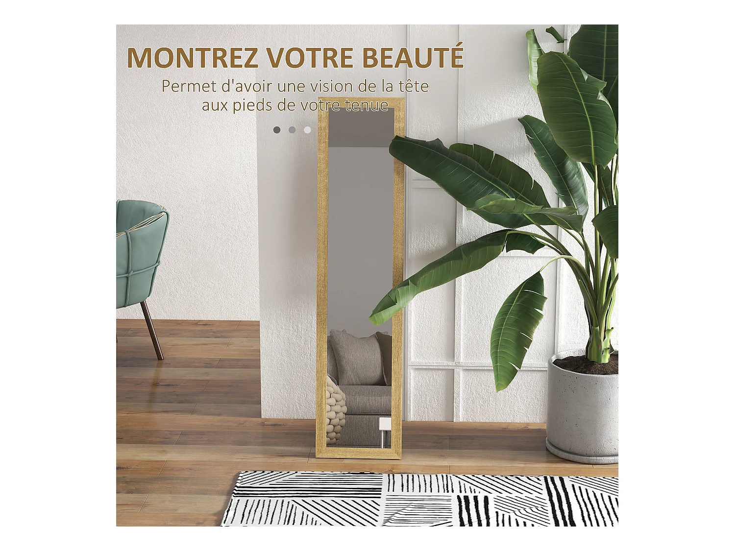 Miroir sur pied et mural rectangulaire dim. 37L x 40l x 157H cm piètement métal noir aspect chêne clair