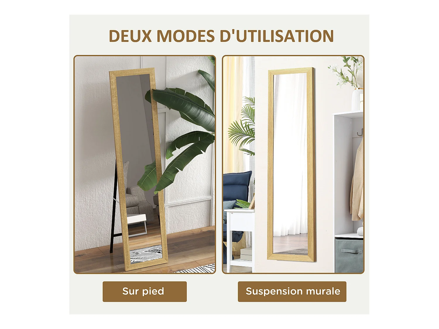 Miroir sur pied et mural rectangulaire dim. 37L x 40l x 157H cm piètement métal noir aspect chêne clair