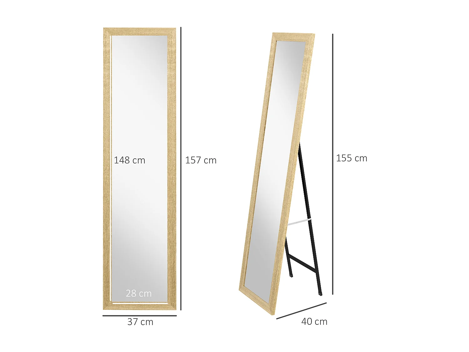 Miroir sur pied et mural rectangulaire dim. 37L x 40l x 157H cm piètement métal noir aspect chêne clair