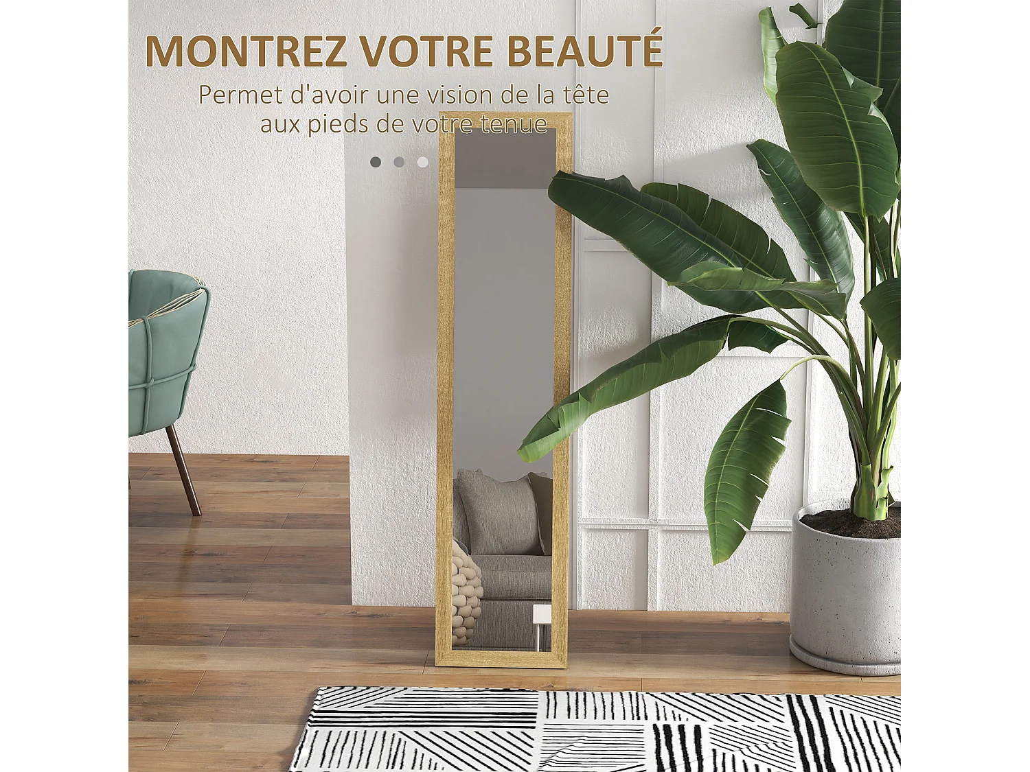 Miroir sur pied et mural rectangulaire dim. 37L x 40l x 157H cm piètement métal noir aspect chêne clair