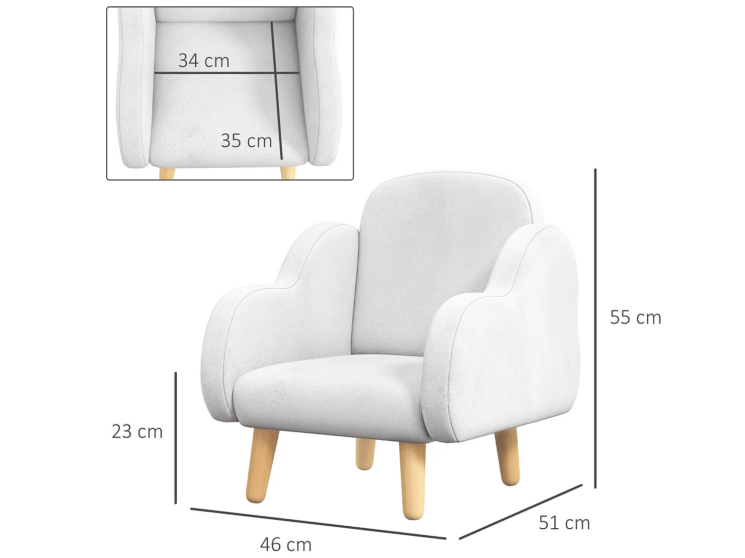 Fauteuil enfant design scandinave nuage - piètement PP aspect bois clair tissu polaire blanc
