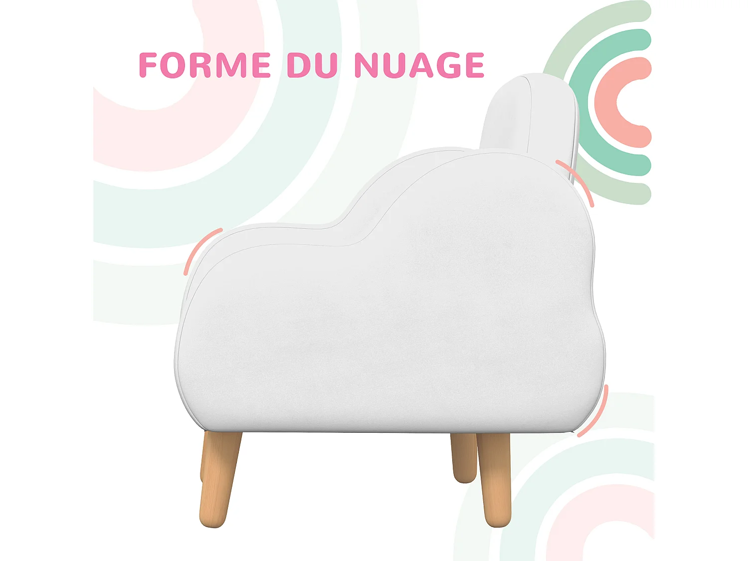 Fauteuil enfant design scandinave nuage - piètement PP aspect bois clair tissu polaire blanc