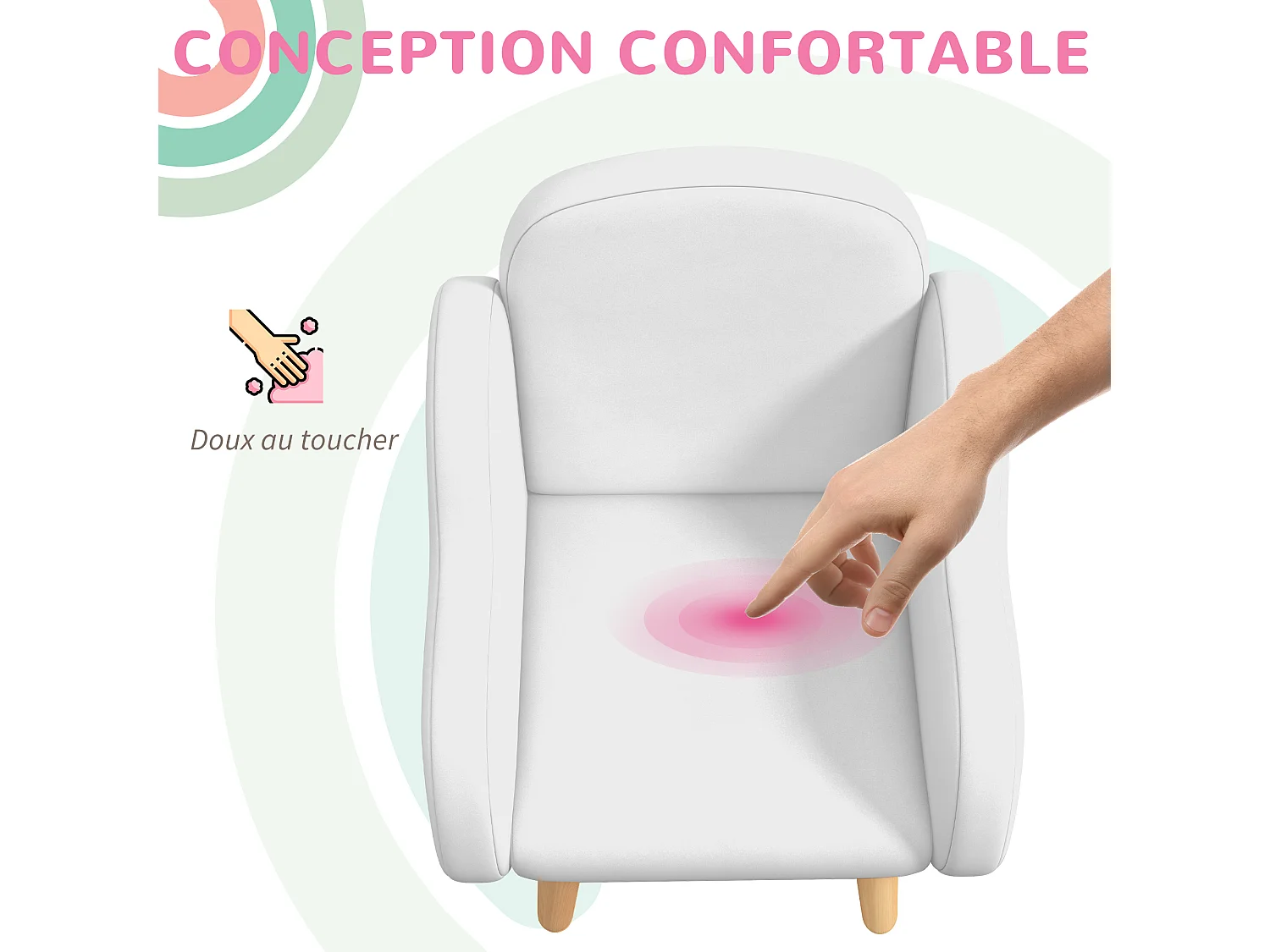 Fauteuil enfant design scandinave nuage - piètement PP aspect bois clair tissu polaire blanc