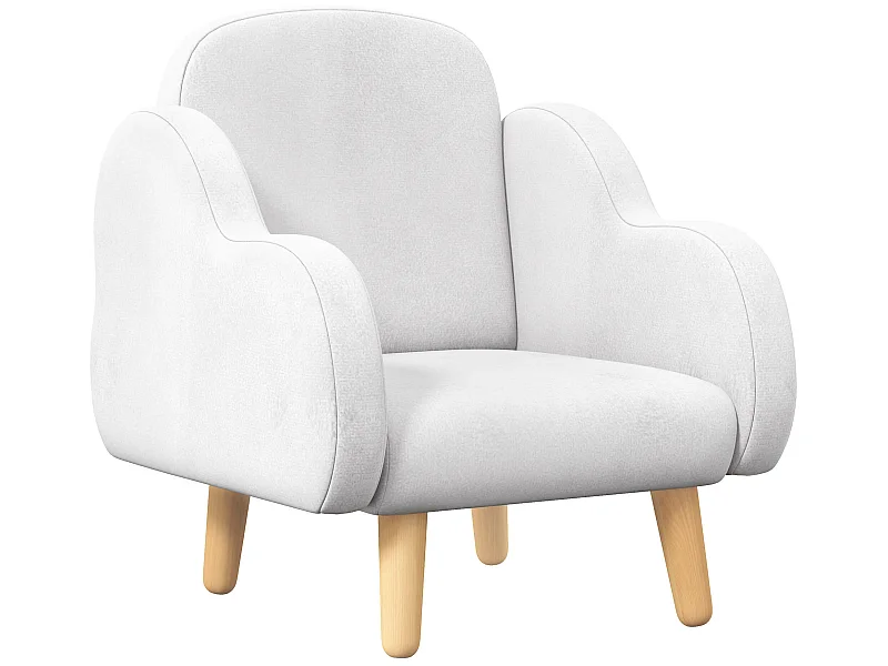 Fauteuil enfant design scandinave nuage - piètement PP aspect bois clair tissu polaire blanc