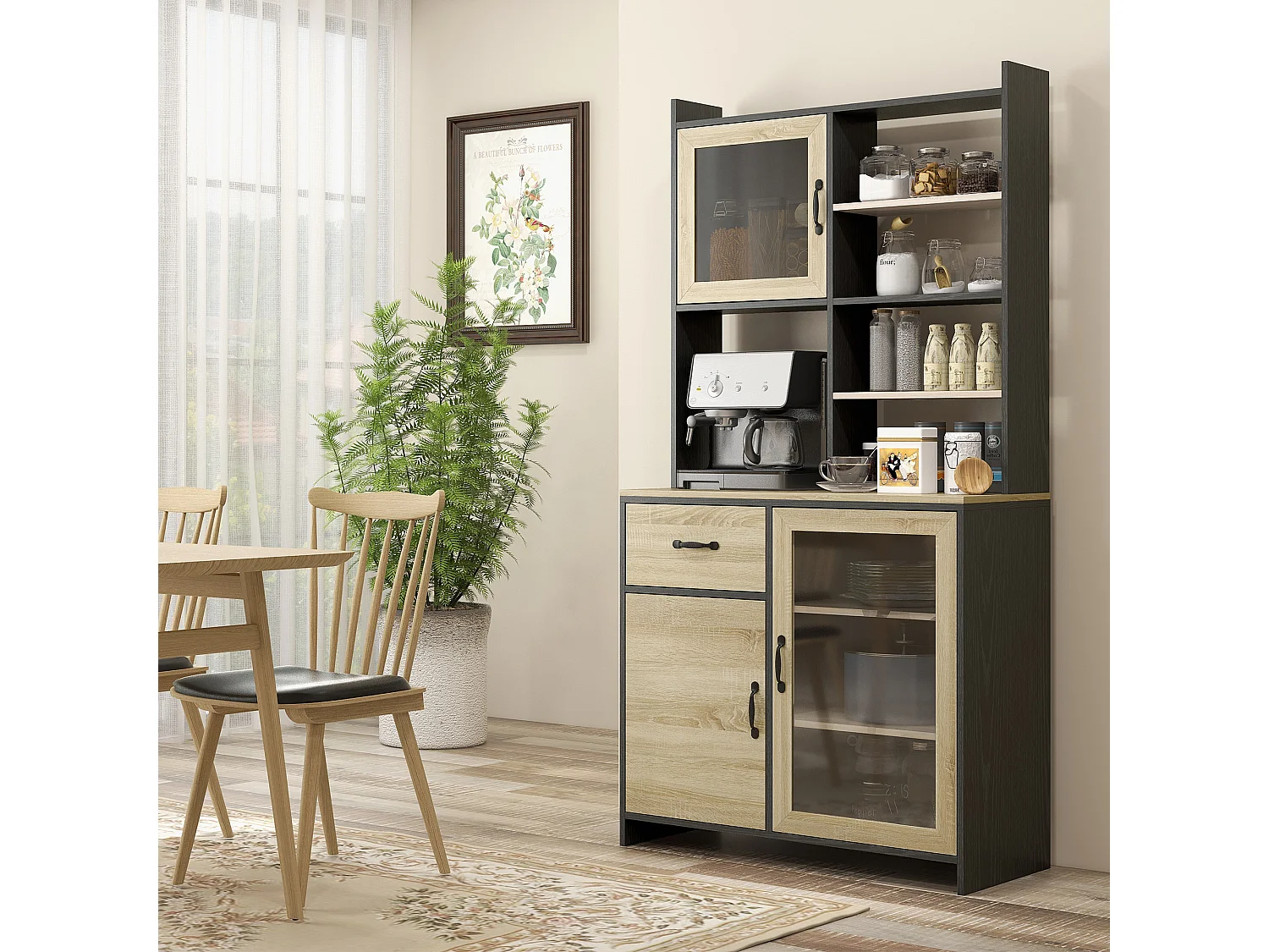 Buffet haut multi-rangement 3 portes 3 étagères tiroir 5 niches bicolore aspect chêne clair noir