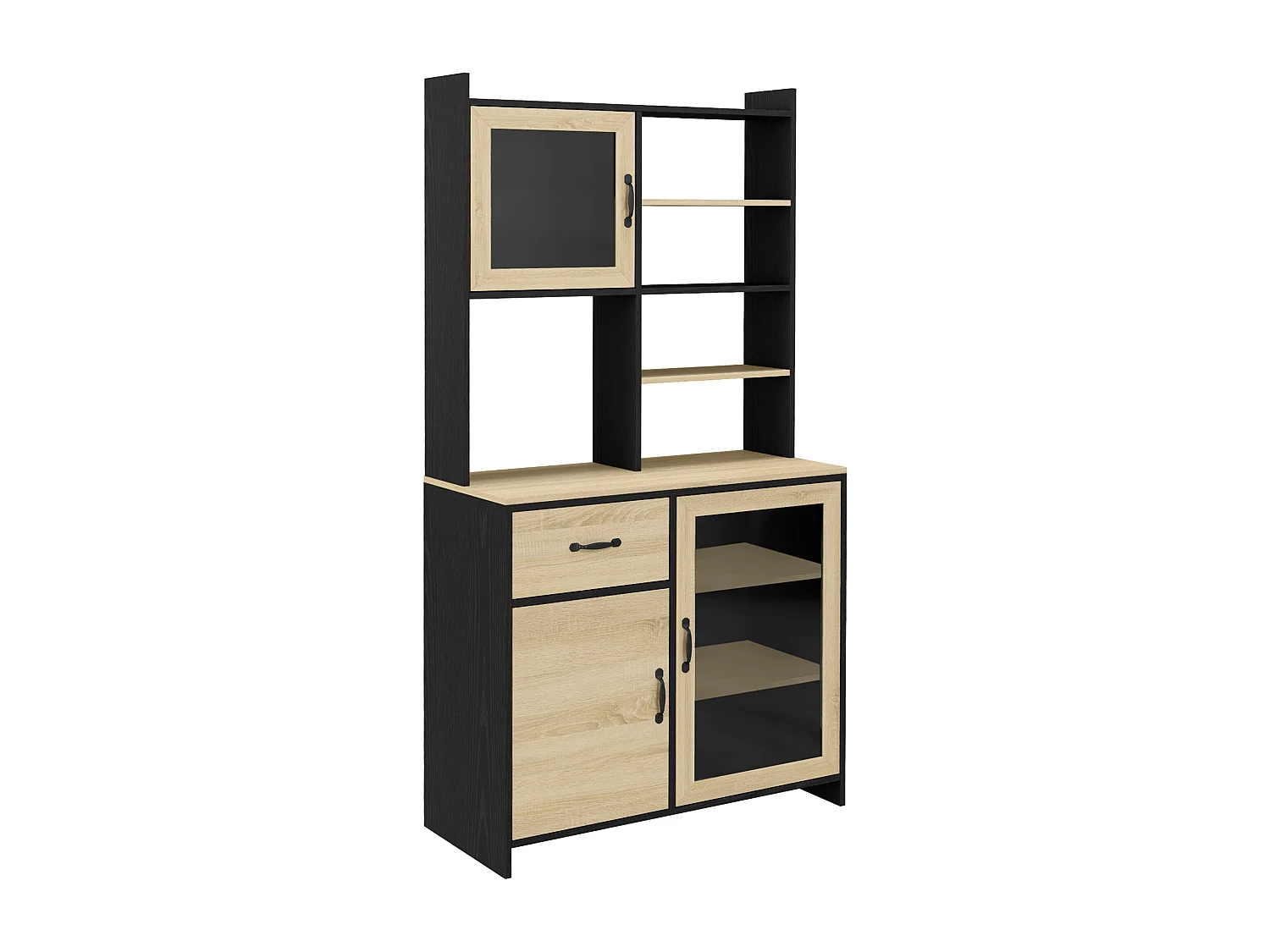 Buffet haut multi-rangement 3 portes 3 étagères tiroir 5 niches bicolore aspect chêne clair noir