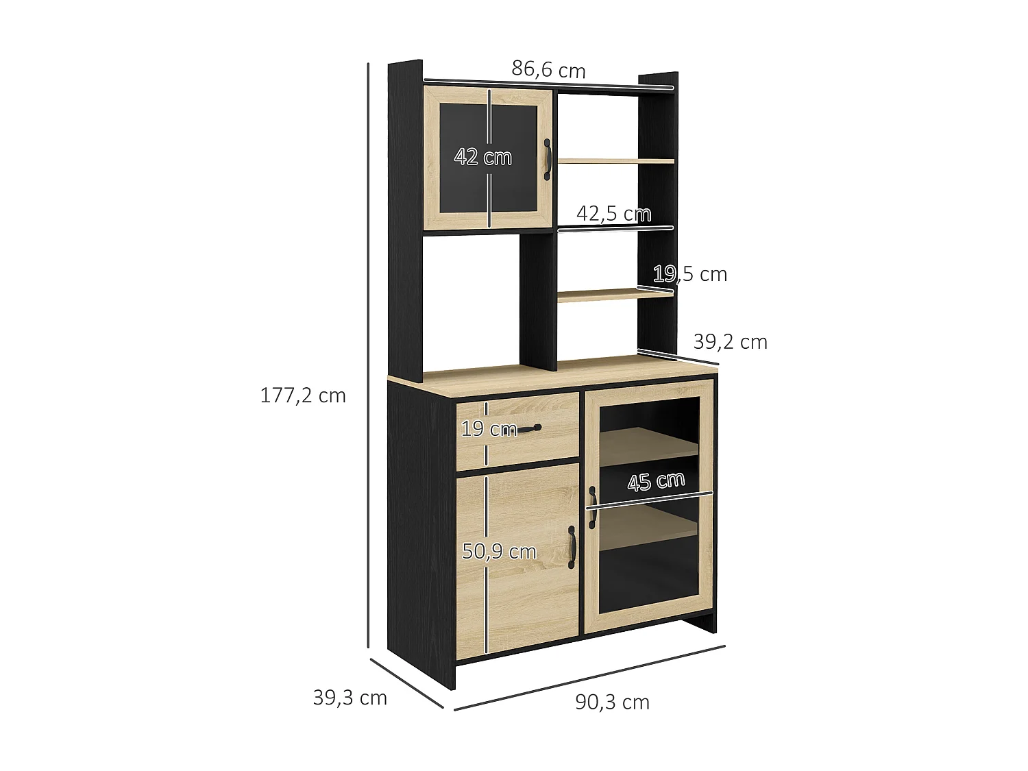 Buffet haut multi-rangement 3 portes 3 étagères tiroir 5 niches bicolore aspect chêne clair noir