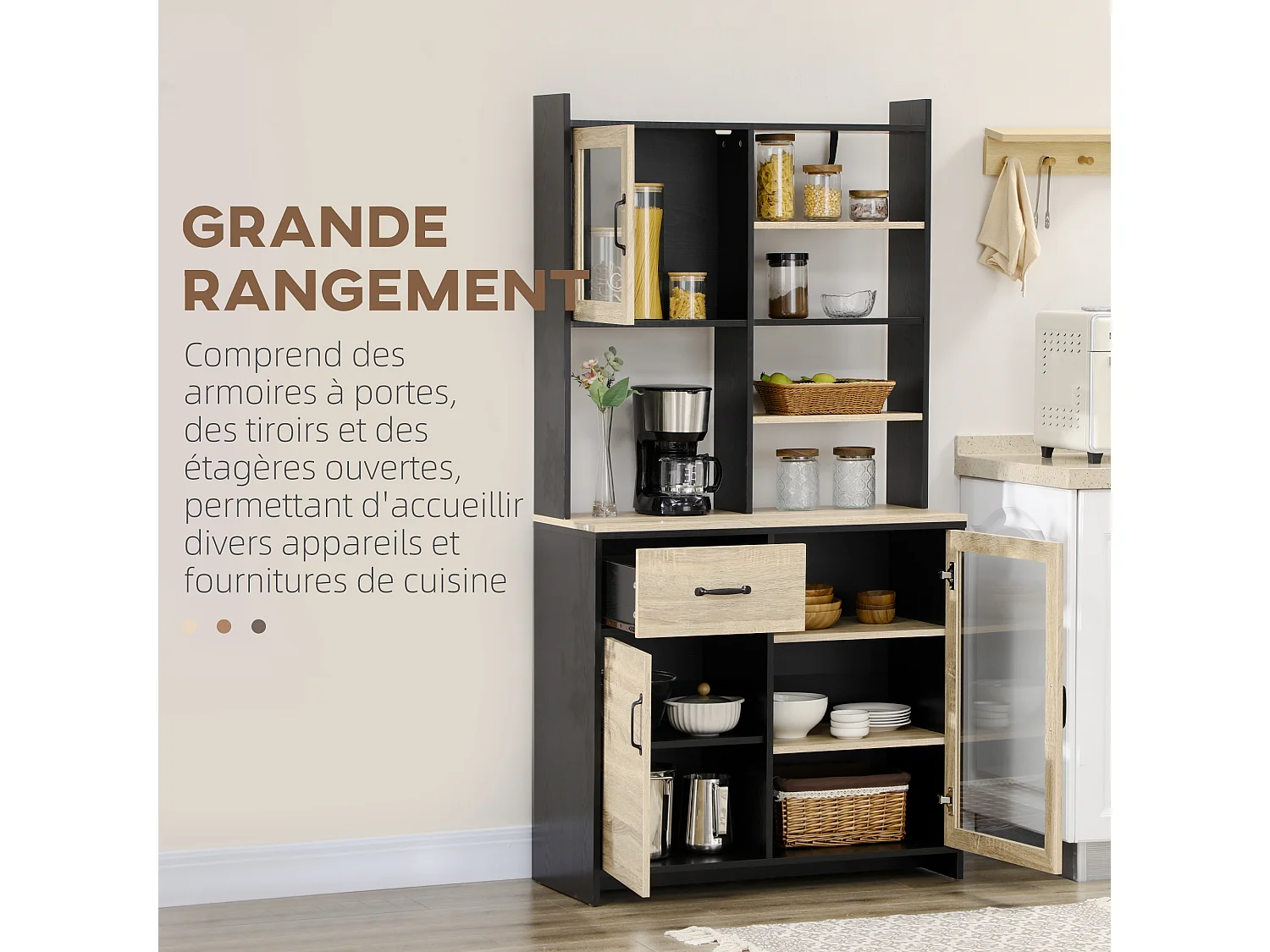 Buffet haut multi-rangement 3 portes 3 étagères tiroir 5 niches bicolore aspect chêne clair noir