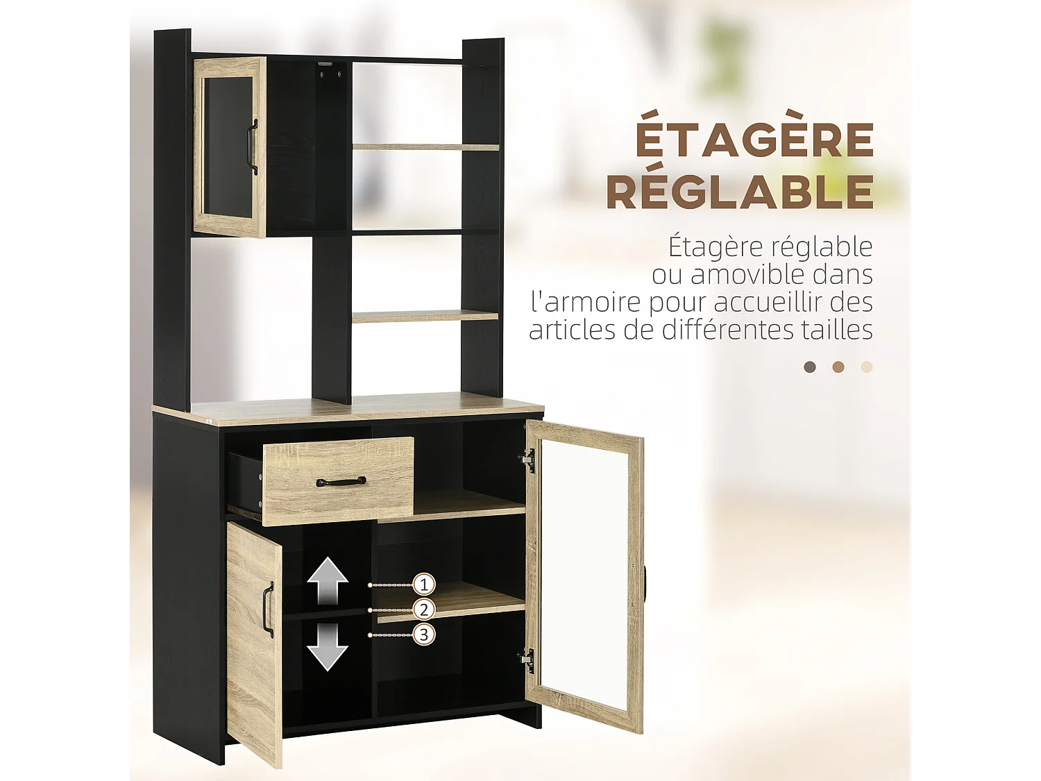 Buffet haut multi-rangement 3 portes 3 étagères tiroir 5 niches bicolore aspect chêne clair noir