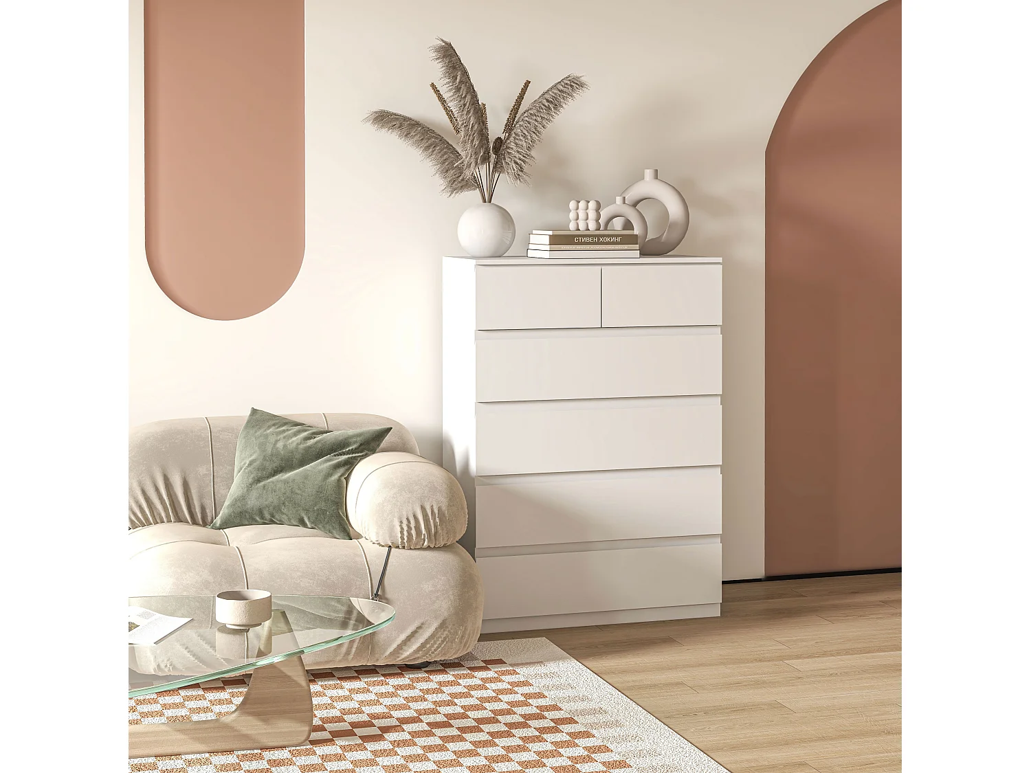 Commode 6 tiroirs style contemporain dim. 80L x 39l x 115H cm poignées invisibles blanc