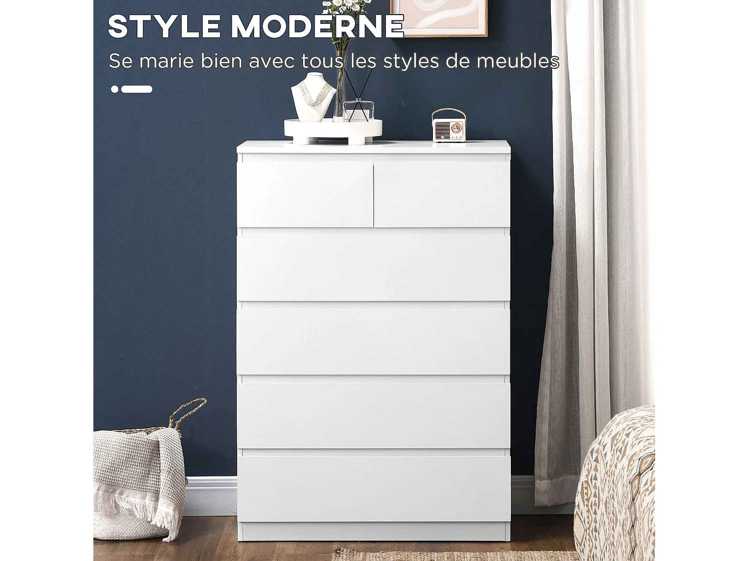 Commode 6 tiroirs style contemporain dim. 80L x 39l x 115H cm poignées invisibles blanc
