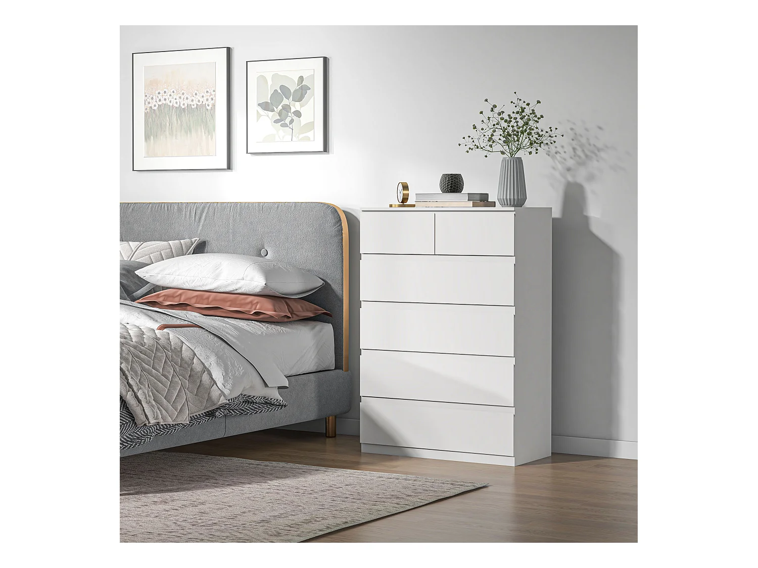 Commode 6 tiroirs style contemporain dim. 80L x 39l x 115H cm poignées invisibles blanc