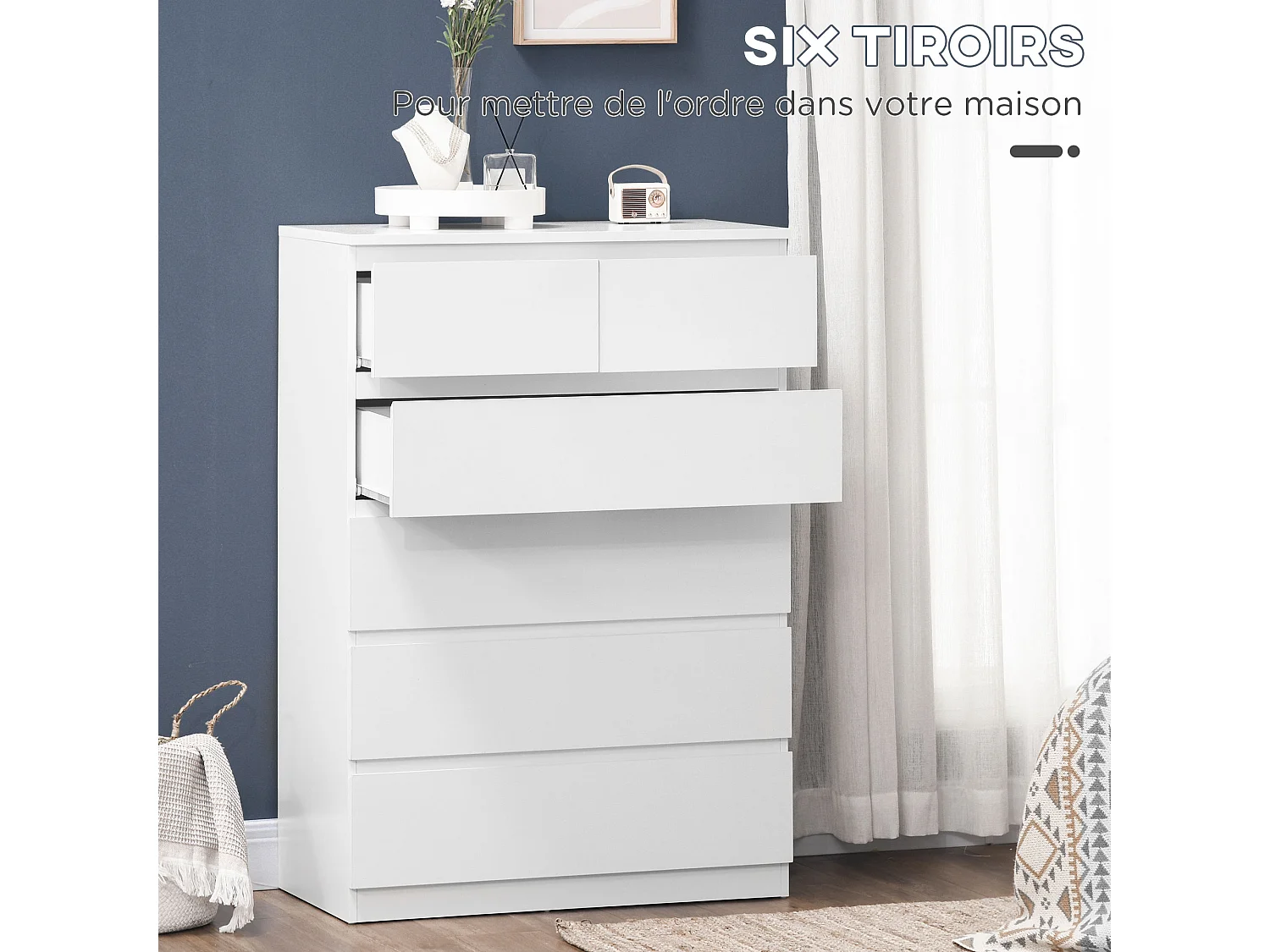 Commode 6 tiroirs style contemporain dim. 80L x 39l x 115H cm poignées invisibles blanc