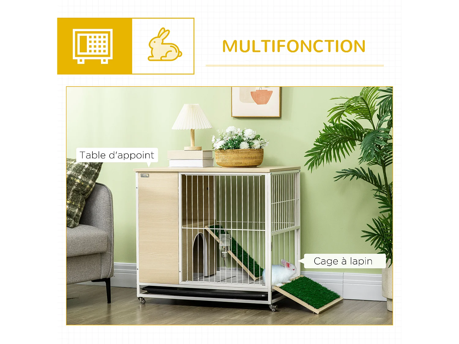 Clapier à lapin sur roulettes cage à lapin 2 niveaux toit ouvrant porte plateau déjection coulissant rampe niche acier blanc aspect bois clair