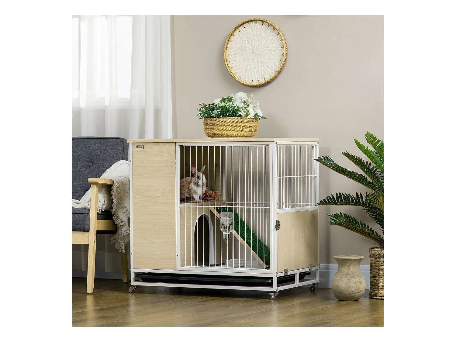 Clapier à lapin sur roulettes cage à lapin 2 niveaux toit ouvrant porte plateau déjection coulissant rampe niche acier blanc aspect bois clair