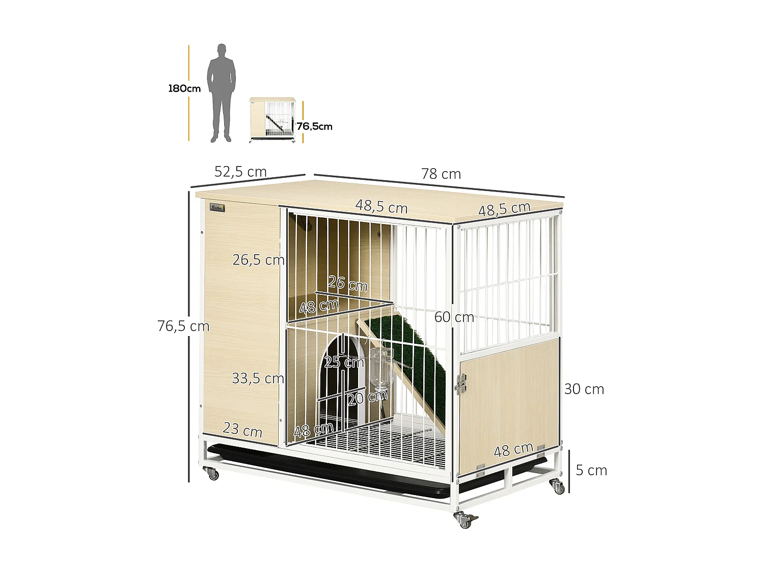 Clapier à lapin sur roulettes cage à lapin 2 niveaux toit ouvrant porte plateau déjection coulissant rampe niche acier blanc aspect bois clair