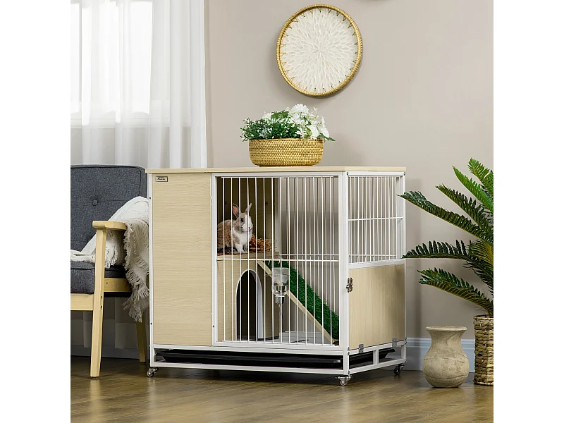 Clapier à lapin sur roulettes cage à lapin 2 niveaux toit ouvrant porte plateau déjection coulissant rampe niche acier blanc aspect bois clair