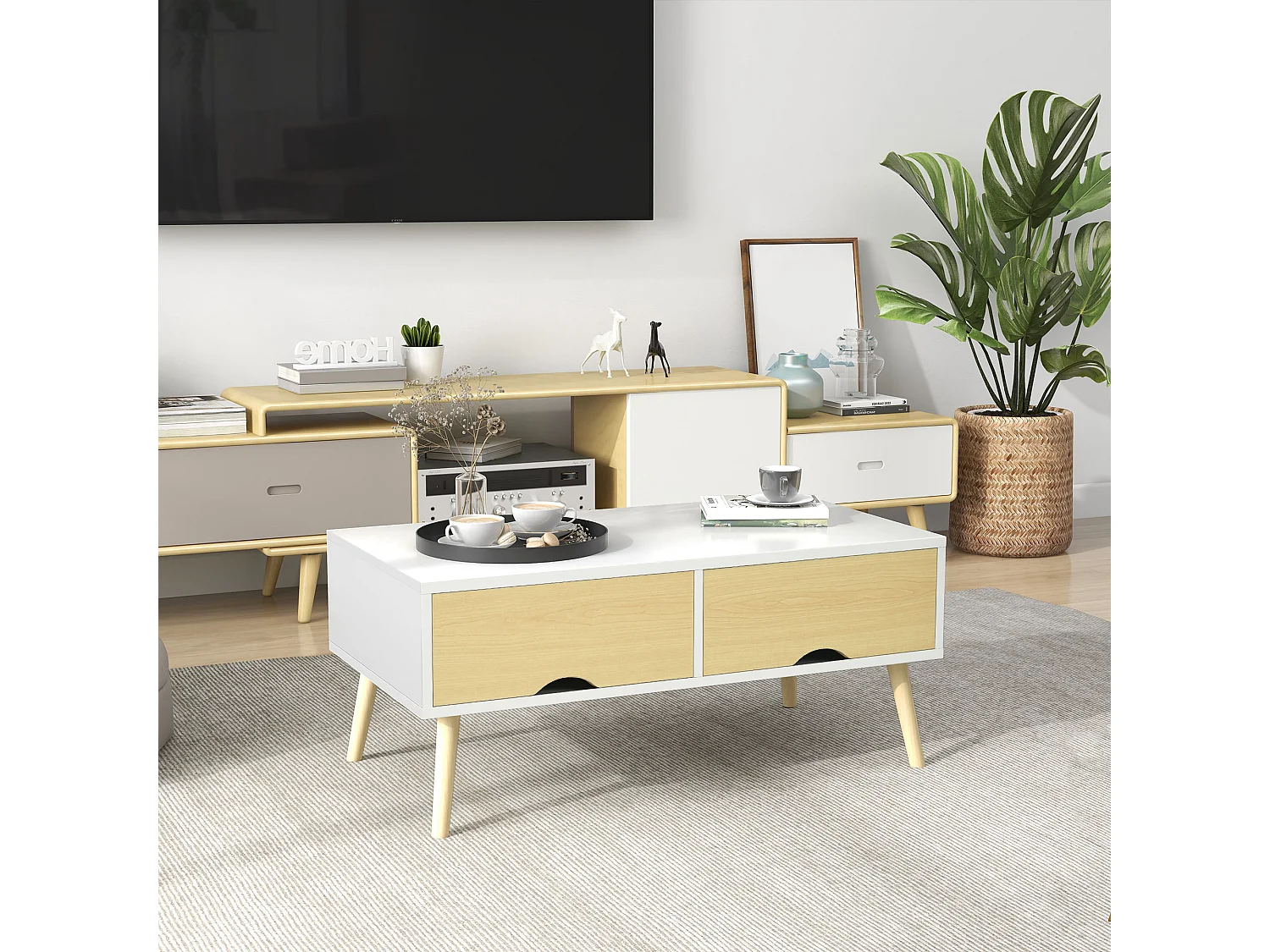 Table basse rectangulaire design scandinave 2 tiroirs coulissants grande niche piètement bois pin blanc aspect bois clair