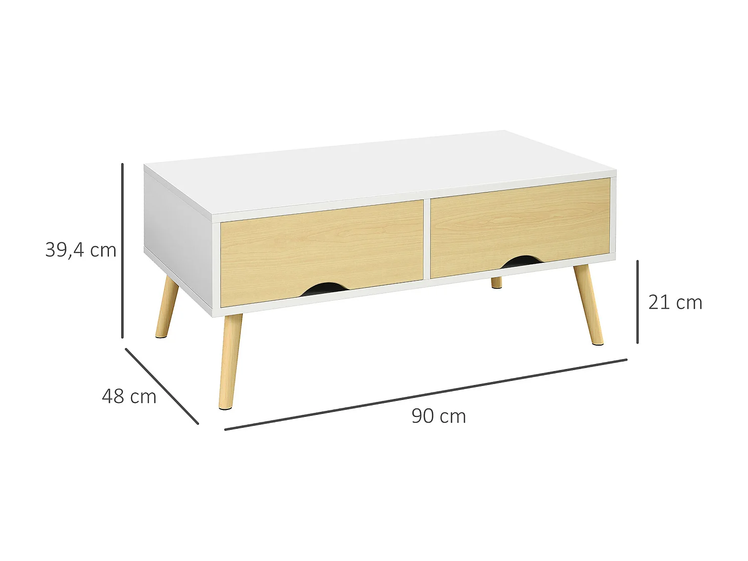 Table basse rectangulaire design scandinave 2 tiroirs coulissants grande niche piètement bois pin blanc aspect bois clair
