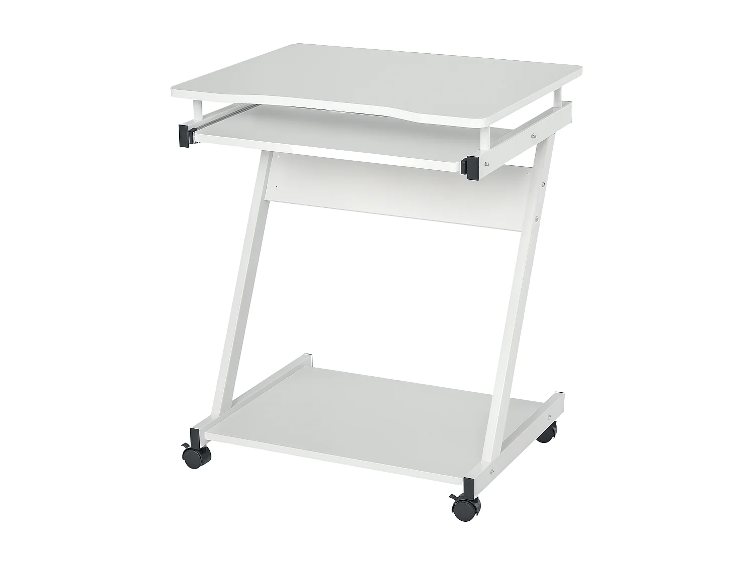 Bureau informatique roulant - bureau mobile - table d'ordinateur - tablette coulissante clavier + étagère - blanc