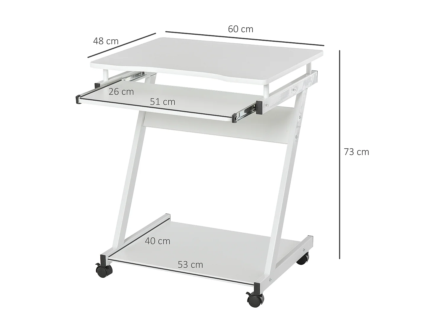 Bureau informatique roulant - bureau mobile - table d'ordinateur - tablette coulissante clavier + étagère - blanc