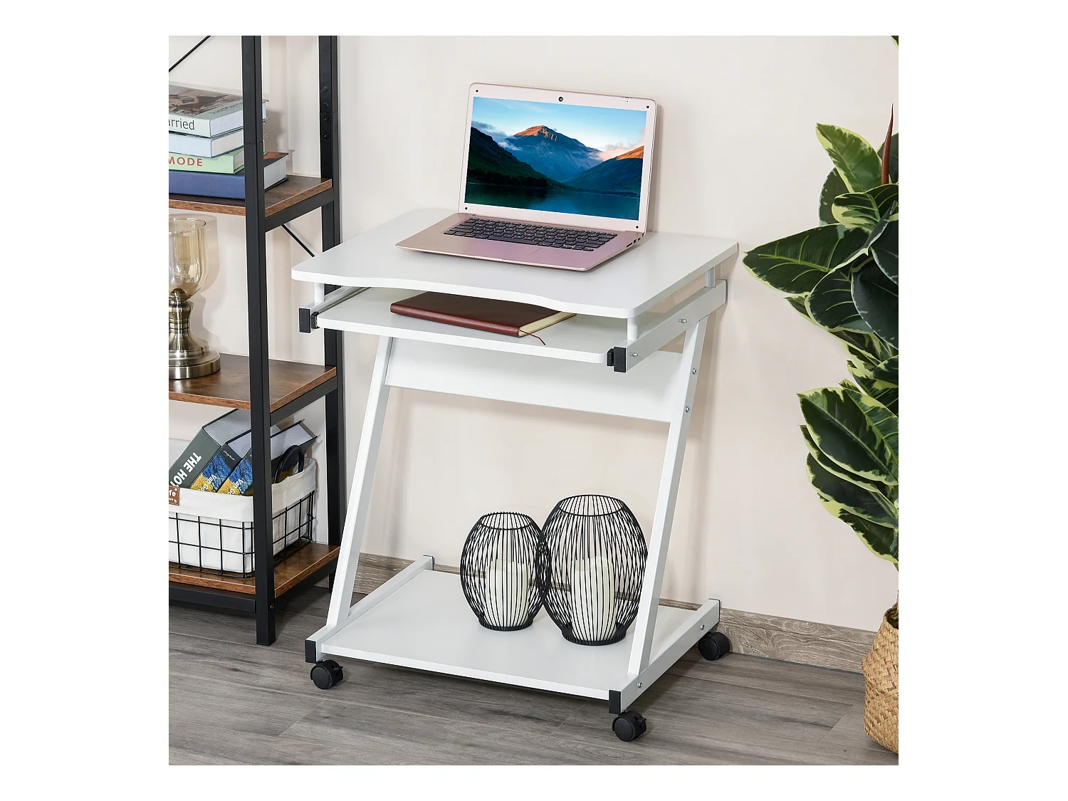 Bureau informatique roulant - bureau mobile - table d'ordinateur - tablette coulissante clavier + étagère - blanc