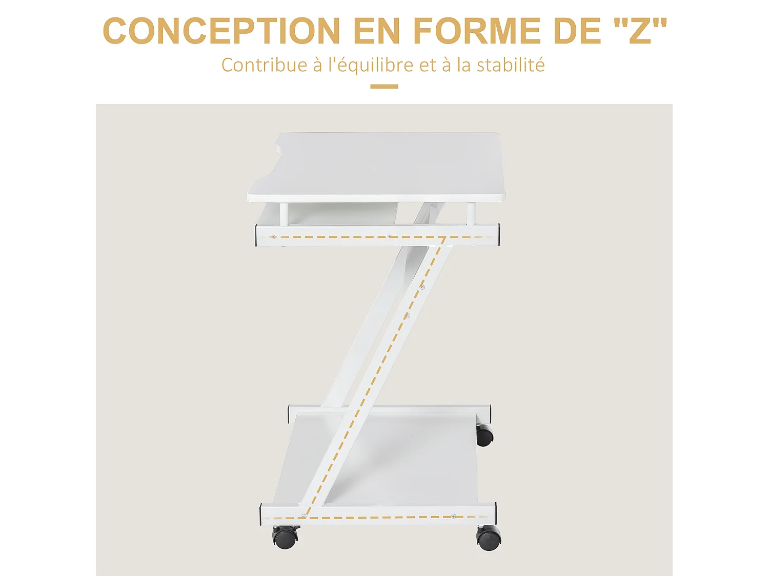 Bureau informatique roulant - bureau mobile - table d'ordinateur - tablette coulissante clavier + étagère - blanc