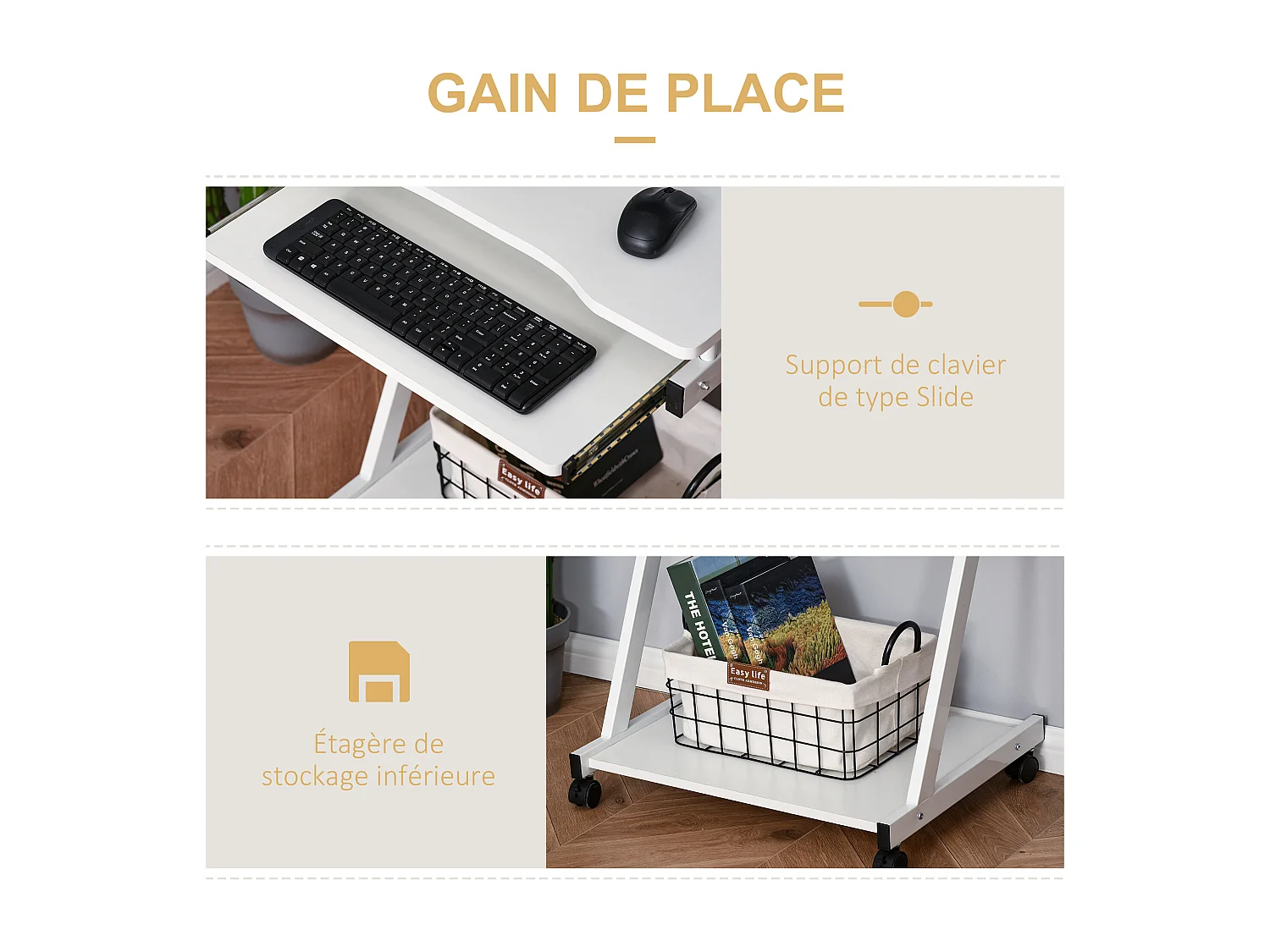 Bureau informatique roulant - bureau mobile - table d'ordinateur - tablette coulissante clavier + étagère - blanc