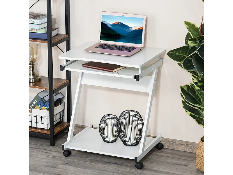 Bureau informatique roulant - bureau mobile - table d'ordinateur - tablette coulissante clavier + étagère - blanc