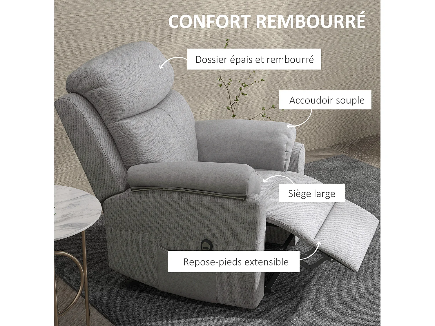 Fauteuil de massage releveur électrique - fauteuil inclinable avec repose-pied ajustable, télécommande - tissu aspect lin gris