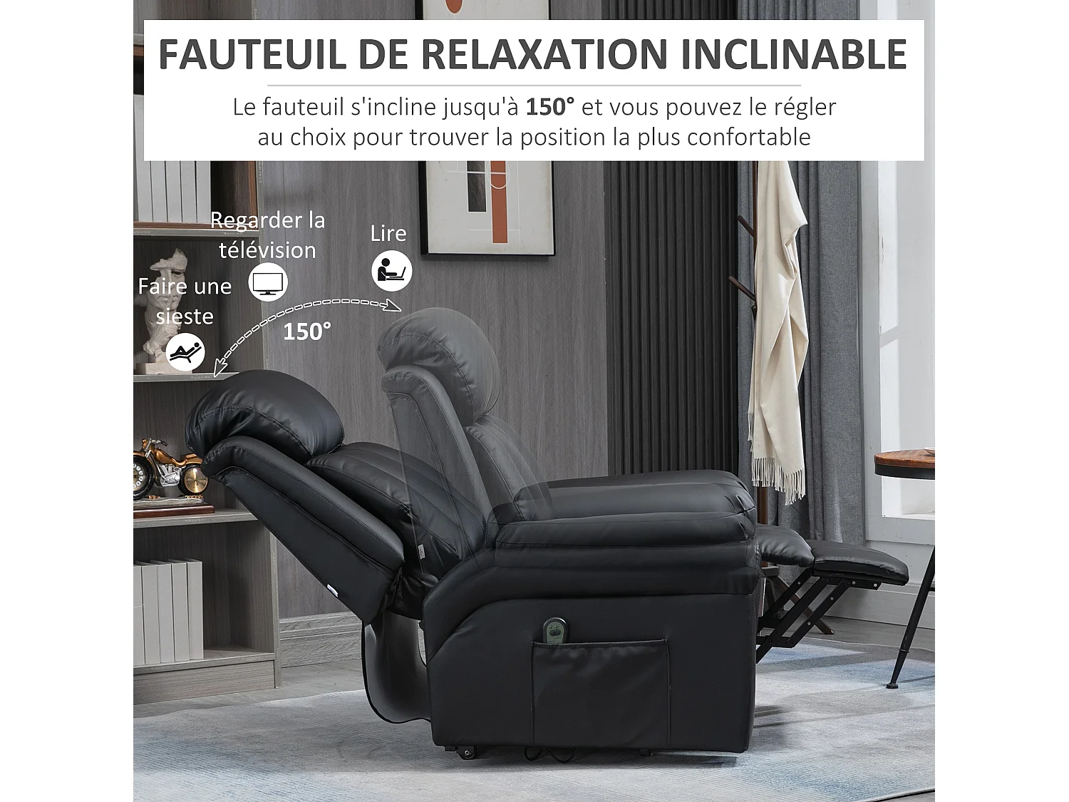 Fauteuil releveur inclinable avec repose-pied ajustable - fauteuil de relaxation électrique - revêtement synthétique noir