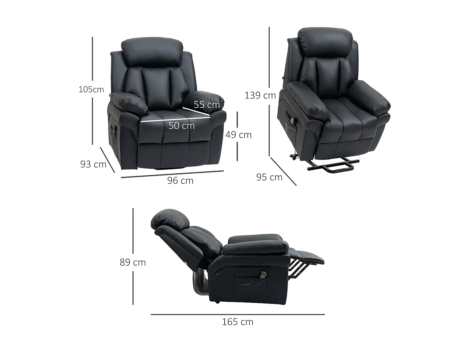 Fauteuil releveur inclinable avec repose-pied ajustable - fauteuil de relaxation électrique - revêtement synthétique noir