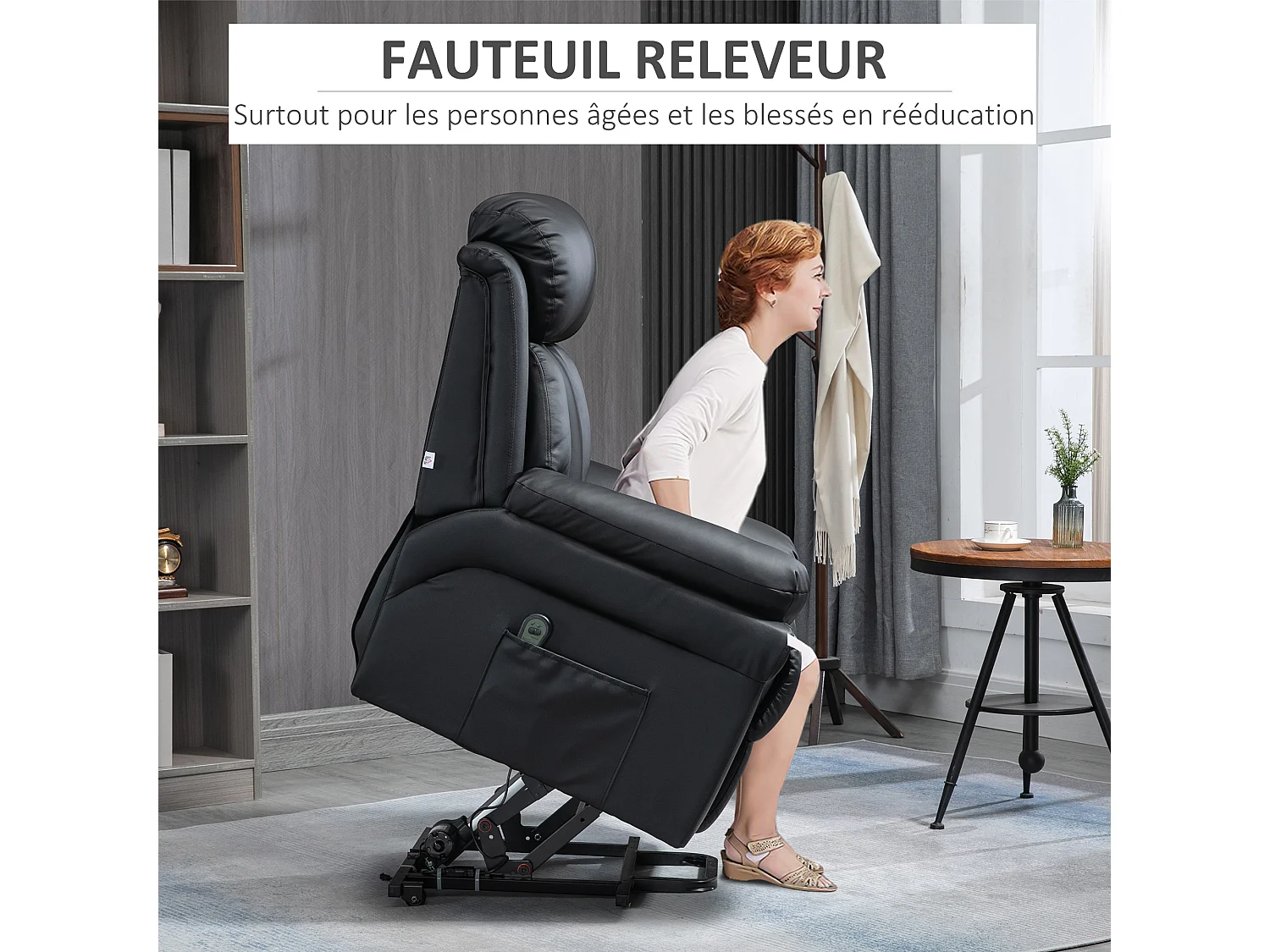 Fauteuil releveur inclinable avec repose-pied ajustable - fauteuil de relaxation électrique - revêtement synthétique noir