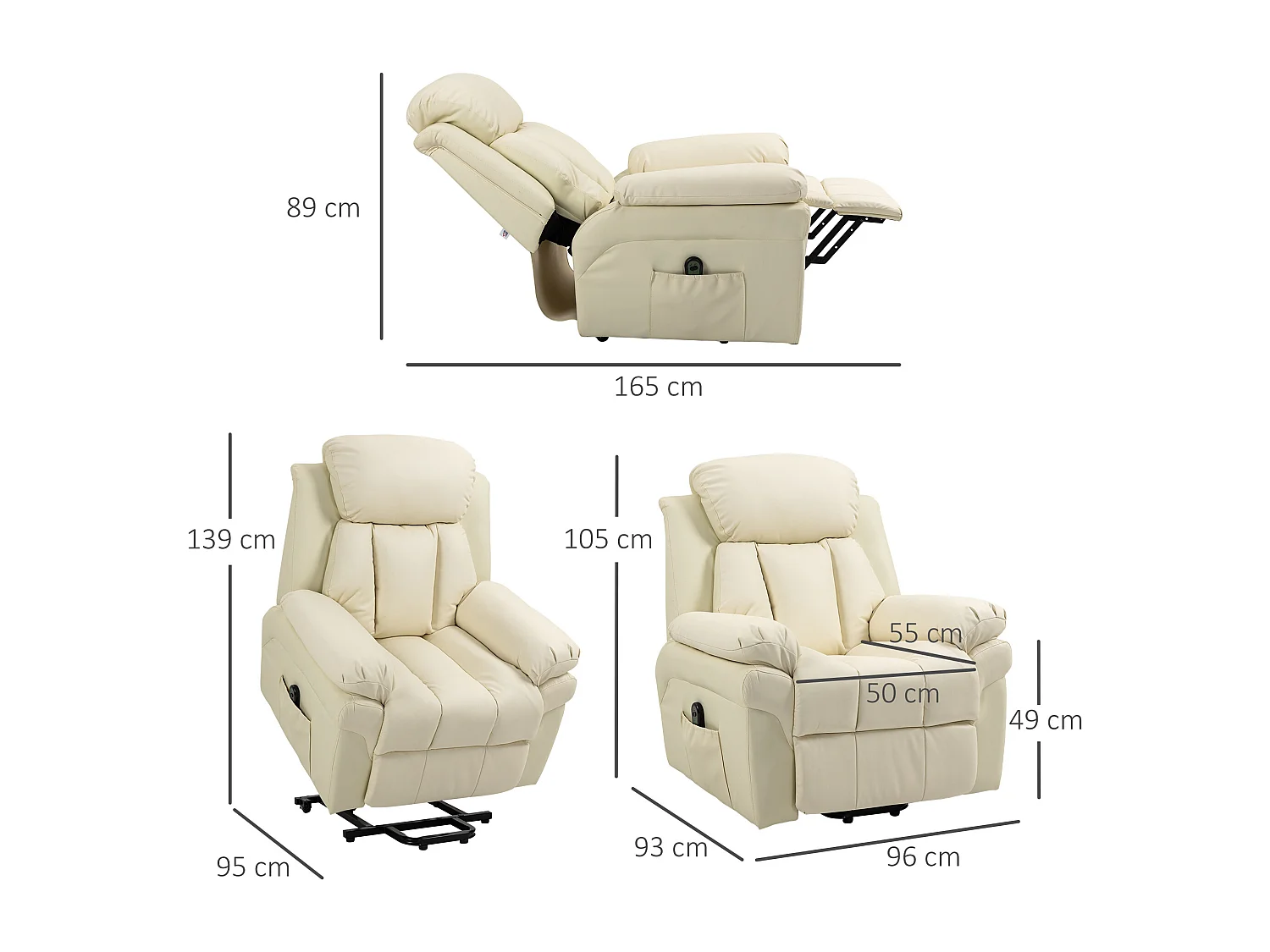 Fauteuil releveur inclinable avec repose-pied ajustable - fauteuil de relaxation électrique - revêtement synthétique crème