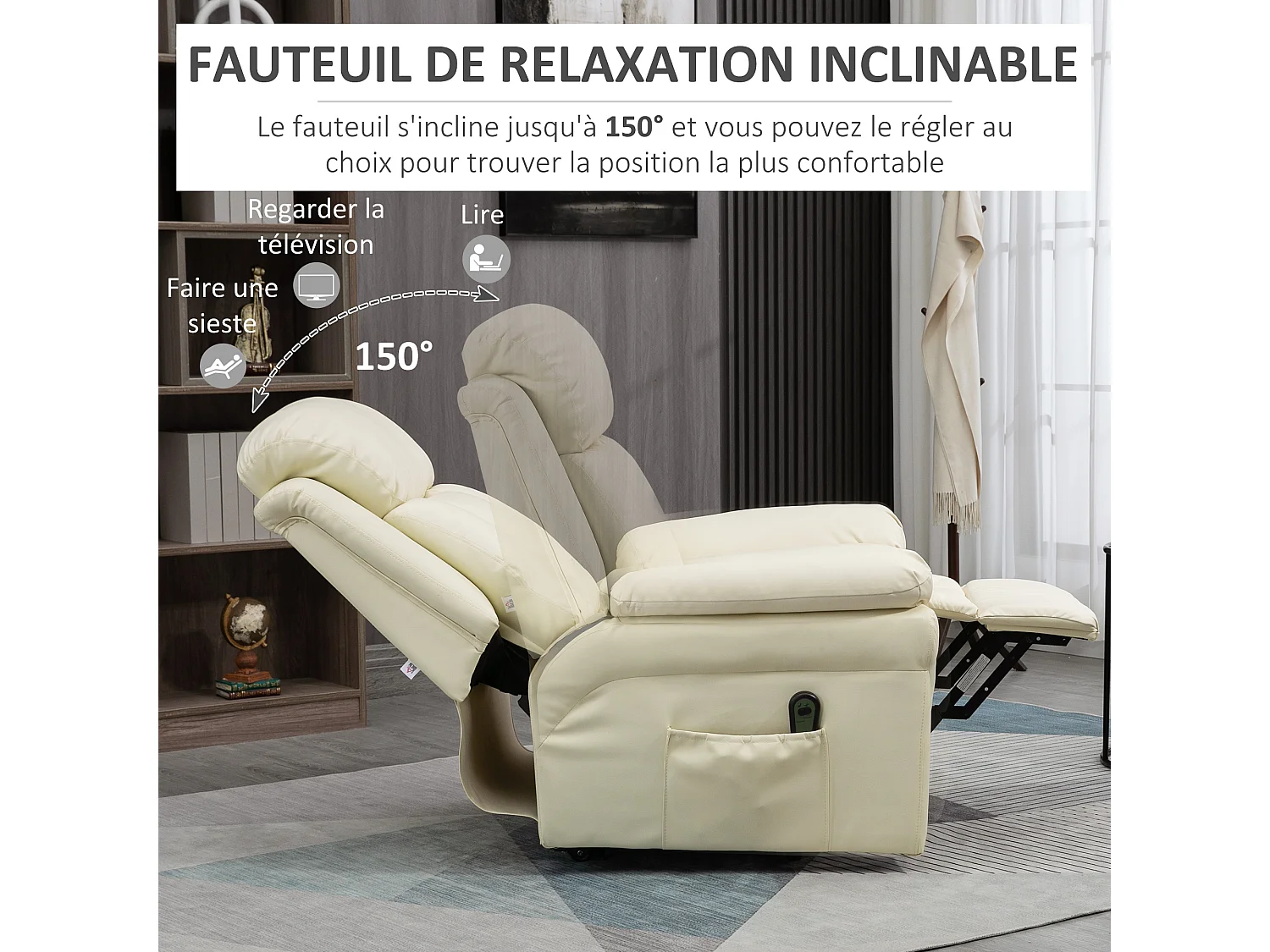 Fauteuil releveur inclinable avec repose-pied ajustable - fauteuil de relaxation électrique - revêtement synthétique crème