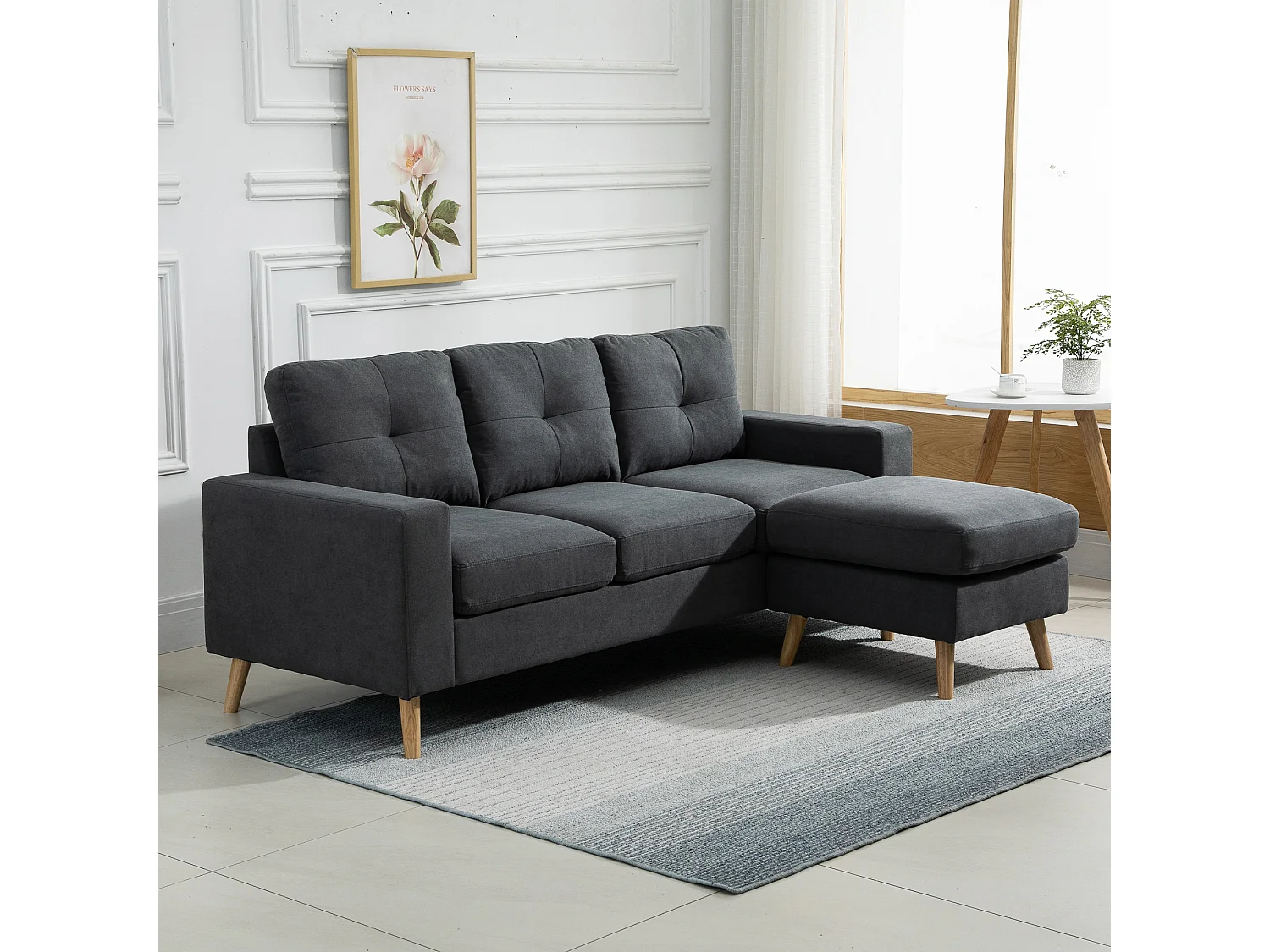 Canapé d'angle 3 places design scandinave - dossier effet capitonné, repose-pied amovible - piètement bois tissu anthracite