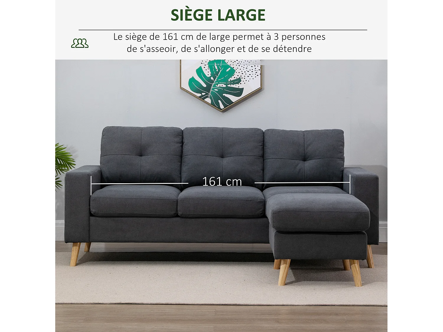 Canapé d'angle 3 places design scandinave - dossier effet capitonné, repose-pied amovible - piètement bois tissu anthracite