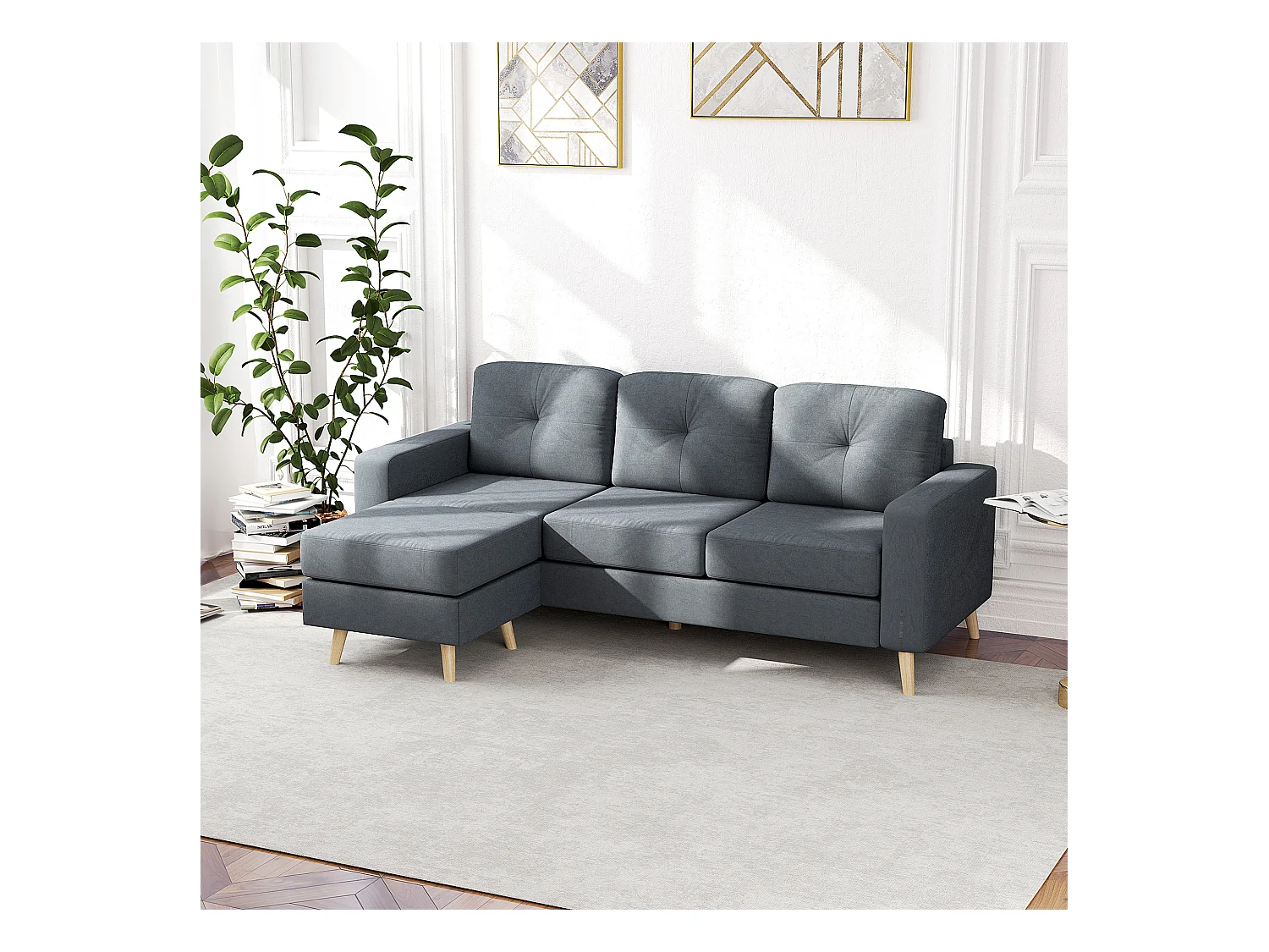 Canapé d'angle 3 places design scandinave - dossier effet capitonné, repose-pied amovible - piètement bois tissu anthracite