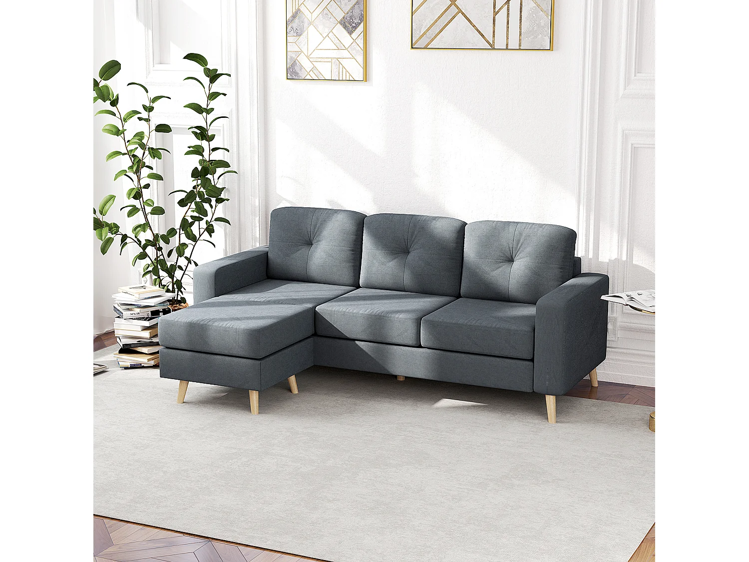 Canapé d'angle 3 places design scandinave - dossier effet capitonné, repose-pied amovible - piètement bois tissu anthracite