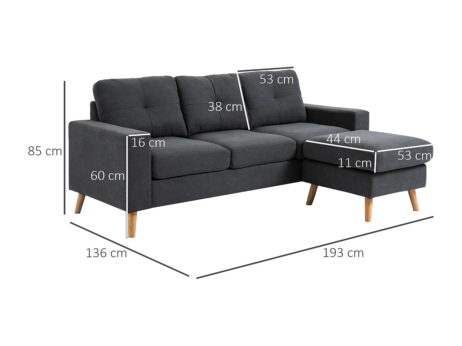 Canapé d'angle 3 places design scandinave - dossier effet capitonné, repose-pied amovible - piètement bois tissu anthracite