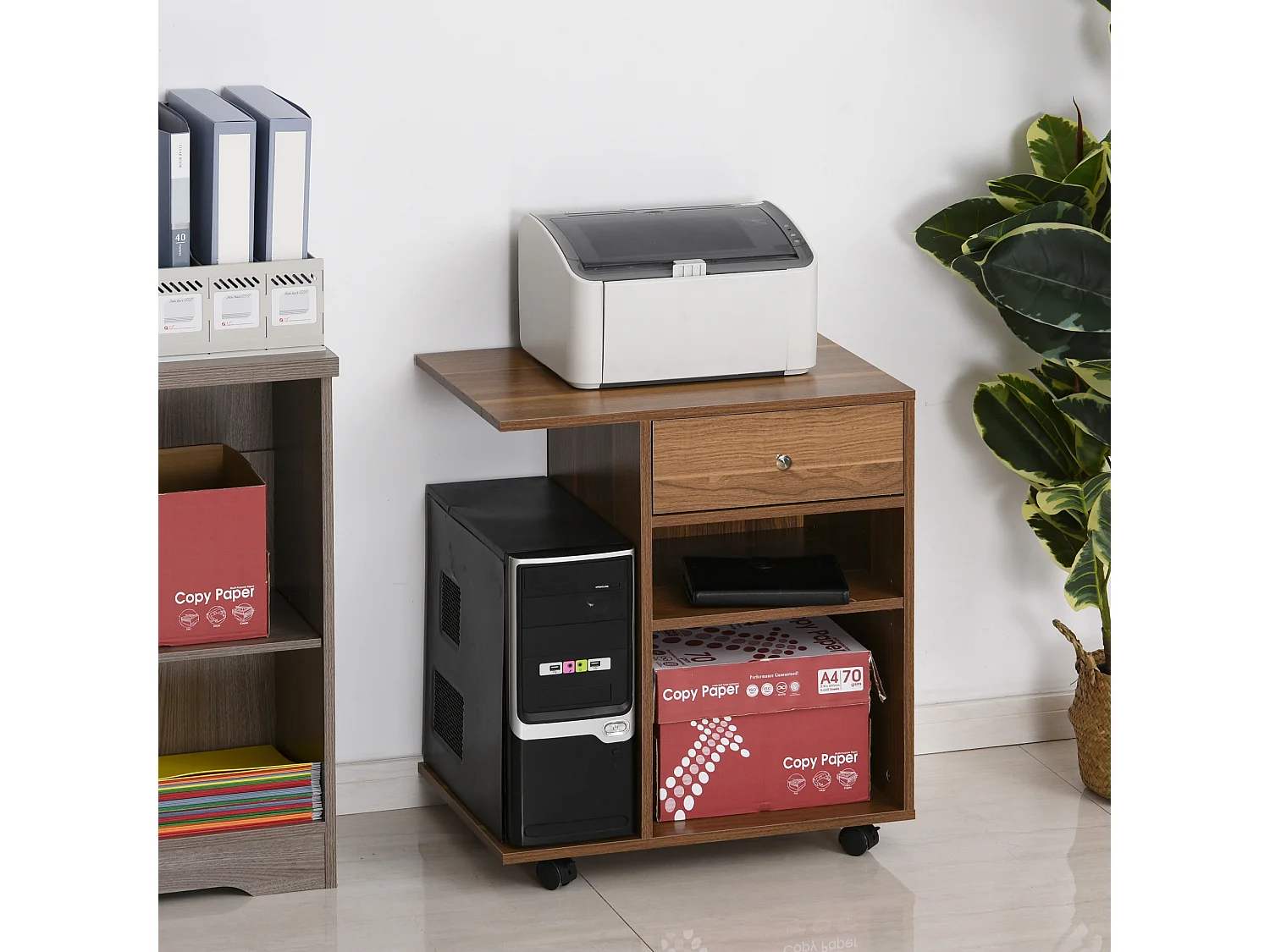 Support d'imprimante organiseur bureau caisson 2 niches tiroir espace CPU + grand plateau panneaux particules noyer