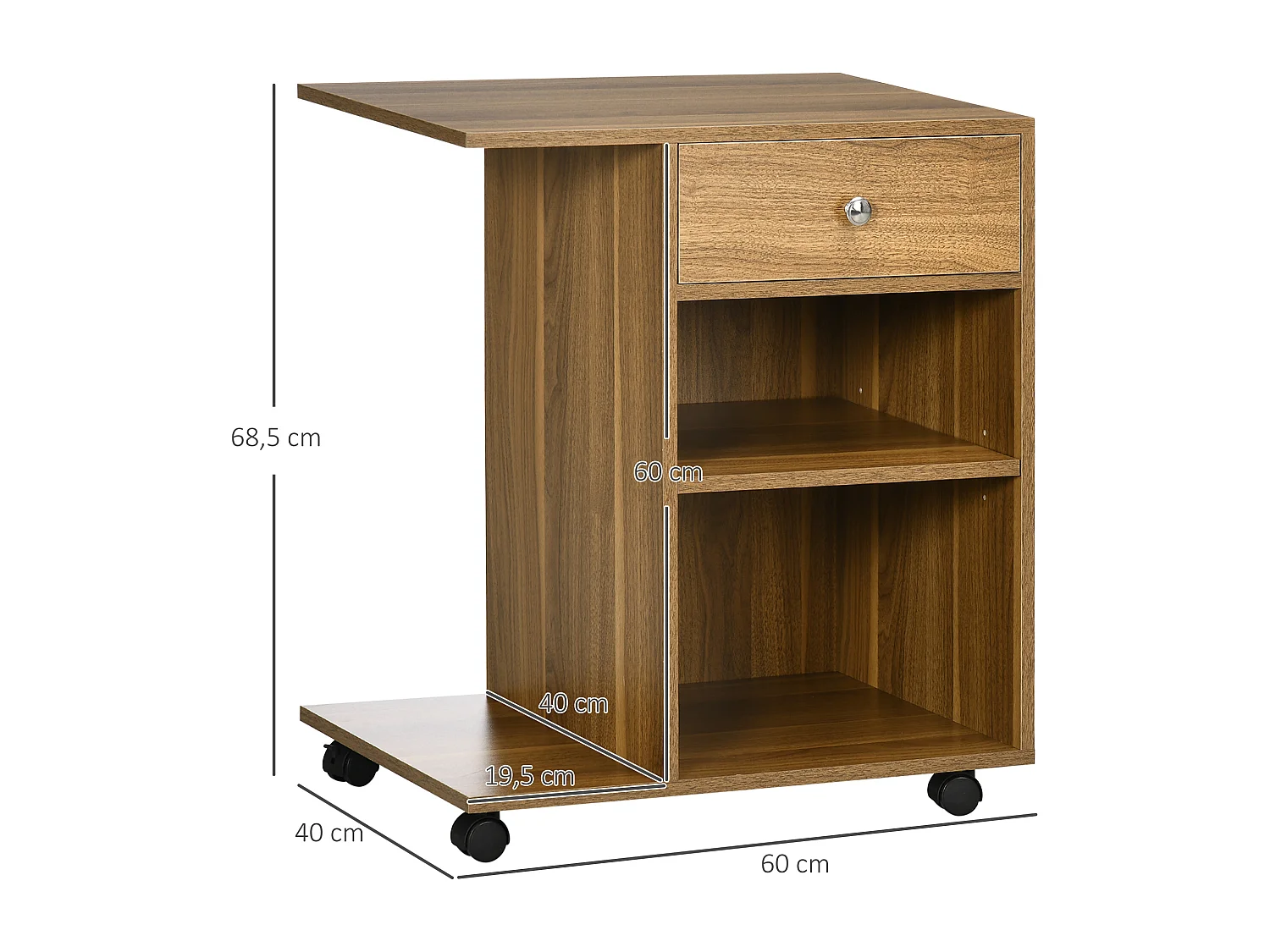 Support d'imprimante organiseur bureau caisson 2 niches tiroir espace CPU + grand plateau panneaux particules noyer